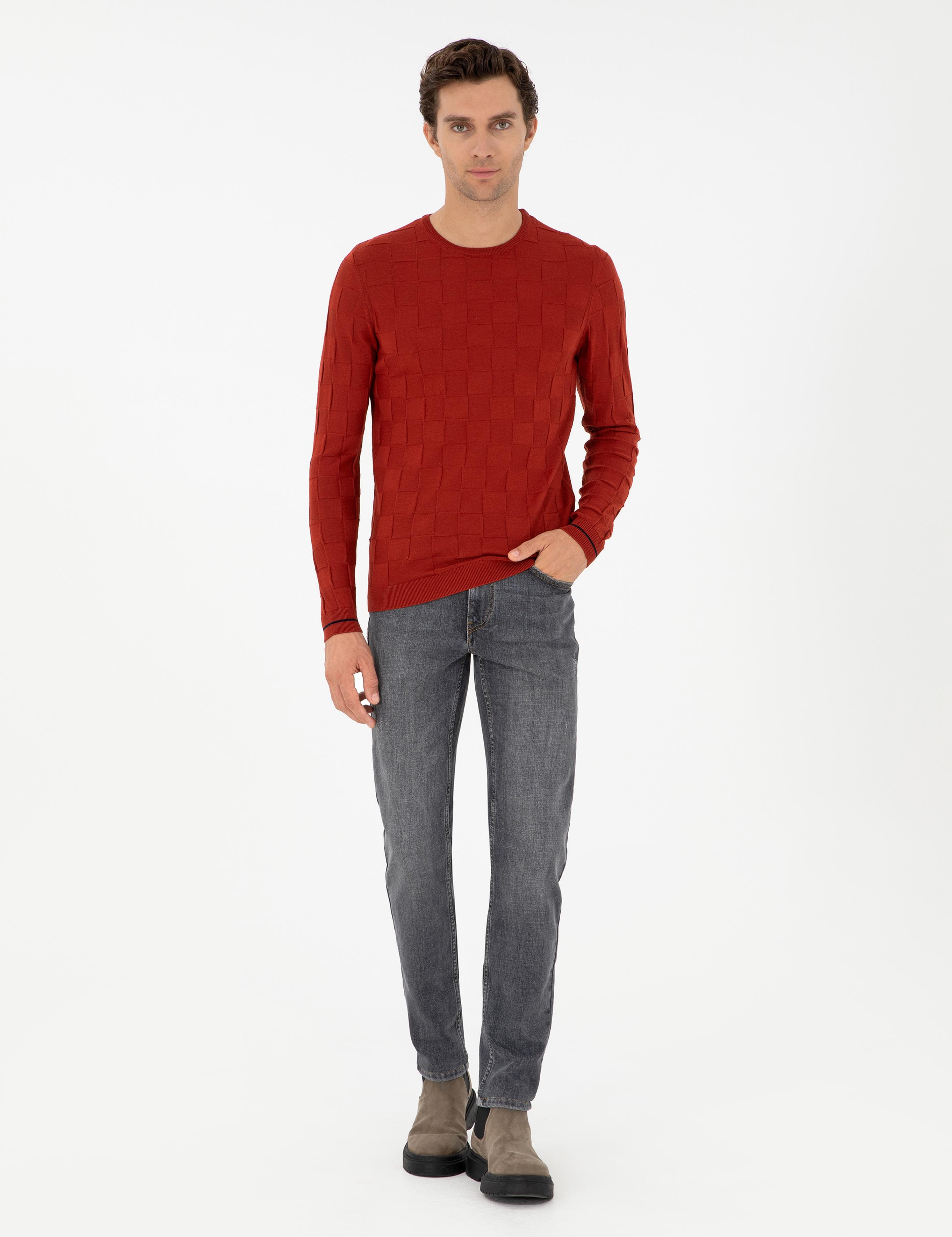 Kiremit Slim Fit Yün Karışımlı Bisiklet Yaka Triko Kazak - 50258883023