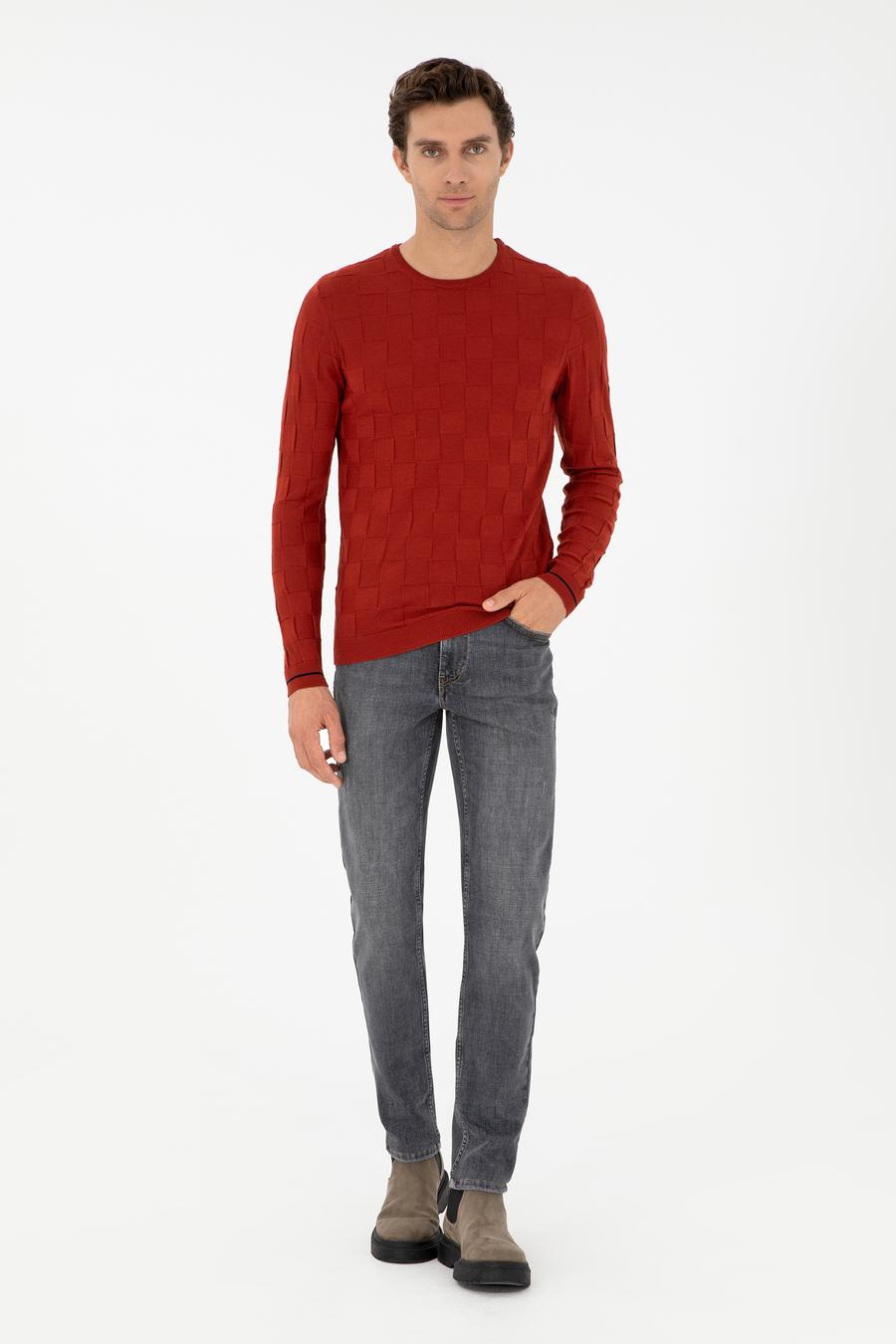 Kiremit Slim Fit Yün Karışımlı Bisiklet Yaka Triko Kazak - 50258883023
