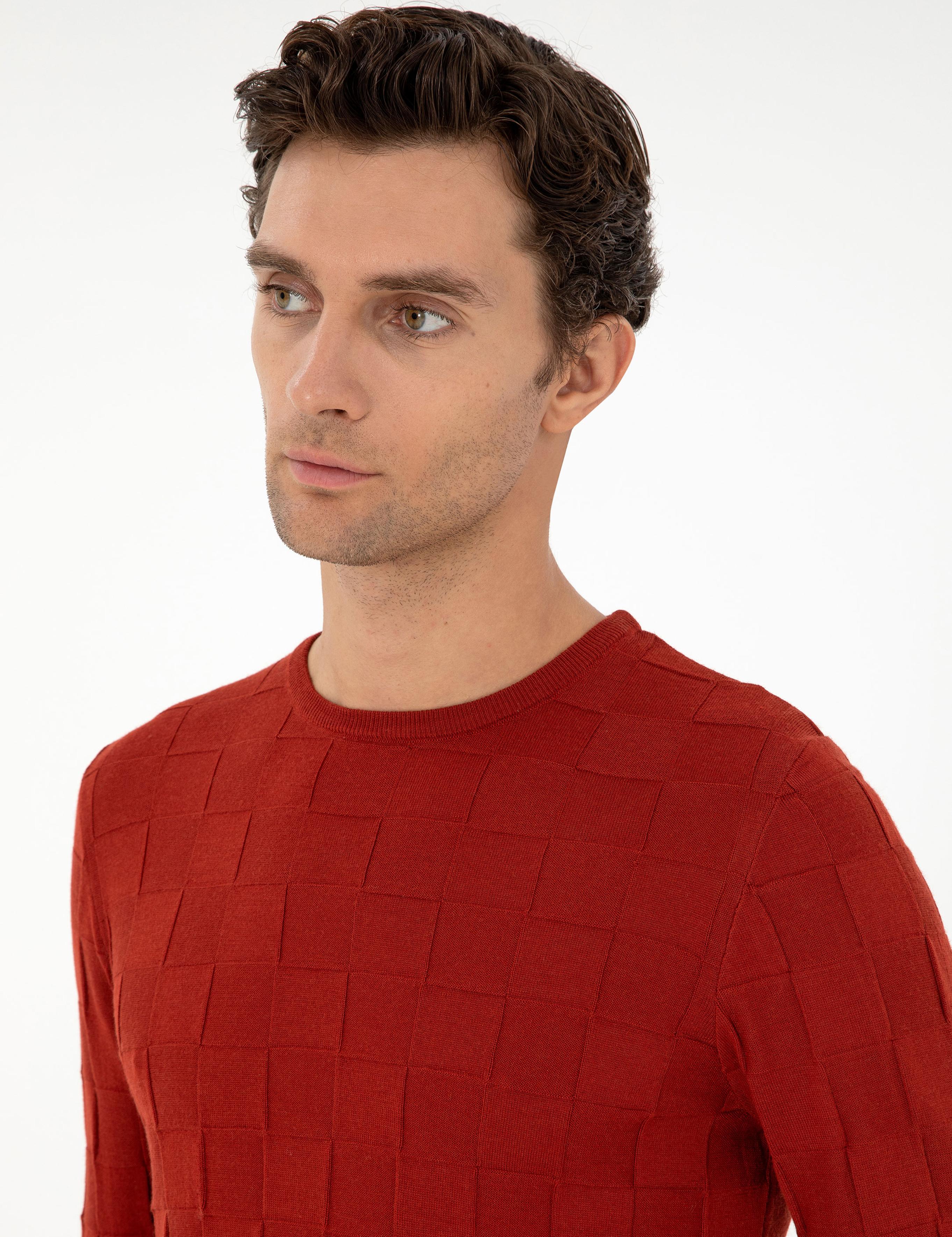 Kiremit Slim Fit Yün Karışımlı Bisiklet Yaka Triko Kazak - 50258883023