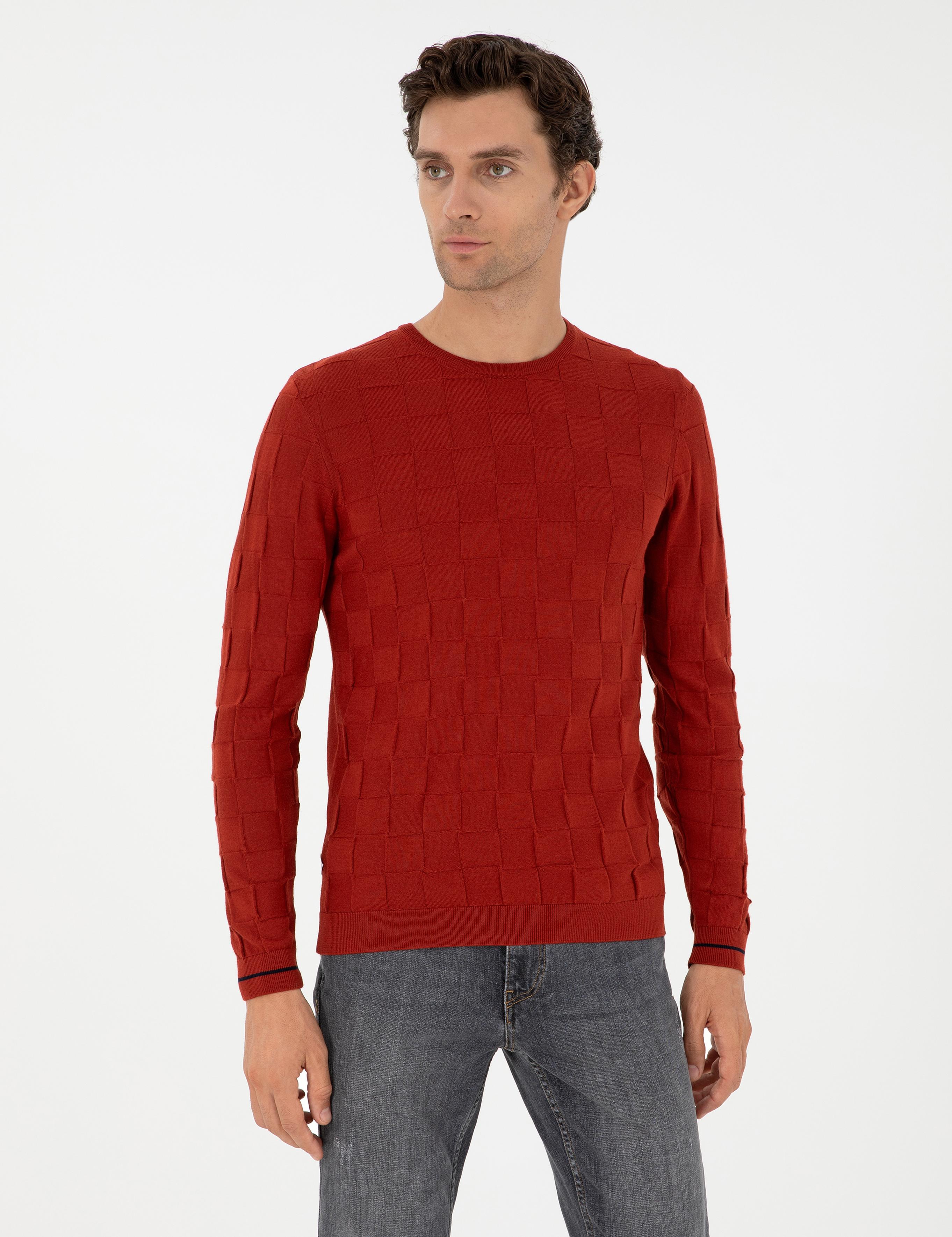 Kiremit Slim Fit Yün Karışımlı Bisiklet Yaka Triko Kazak - 50258883023