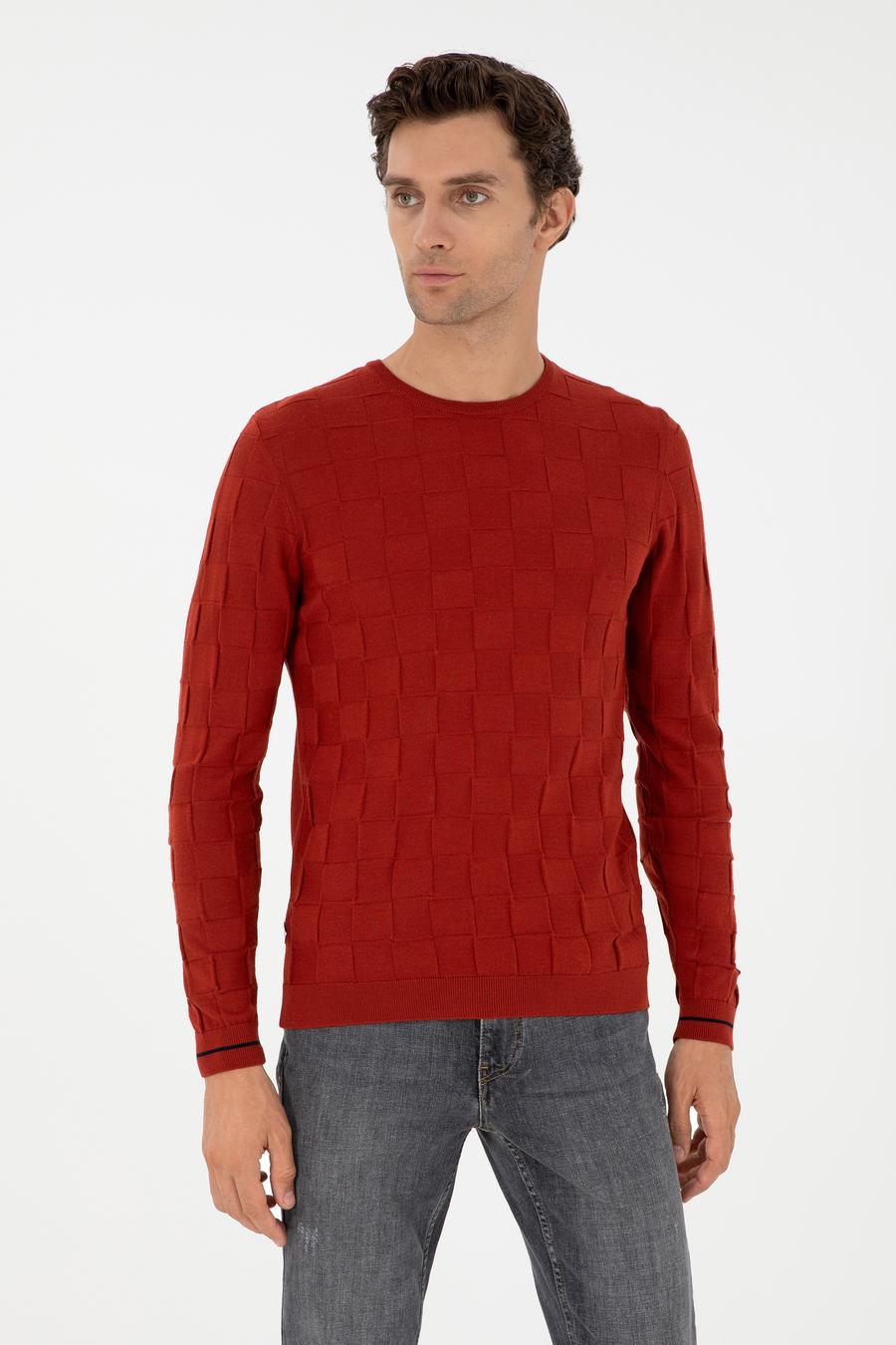 Kiremit Slim Fit Yün Karışımlı Bisiklet Yaka Triko Kazak - 50258883023