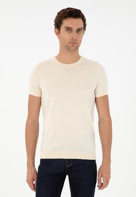 Ekru Slim Fit Bisiklet Yaka %100 Pamuk Triko T-shirt