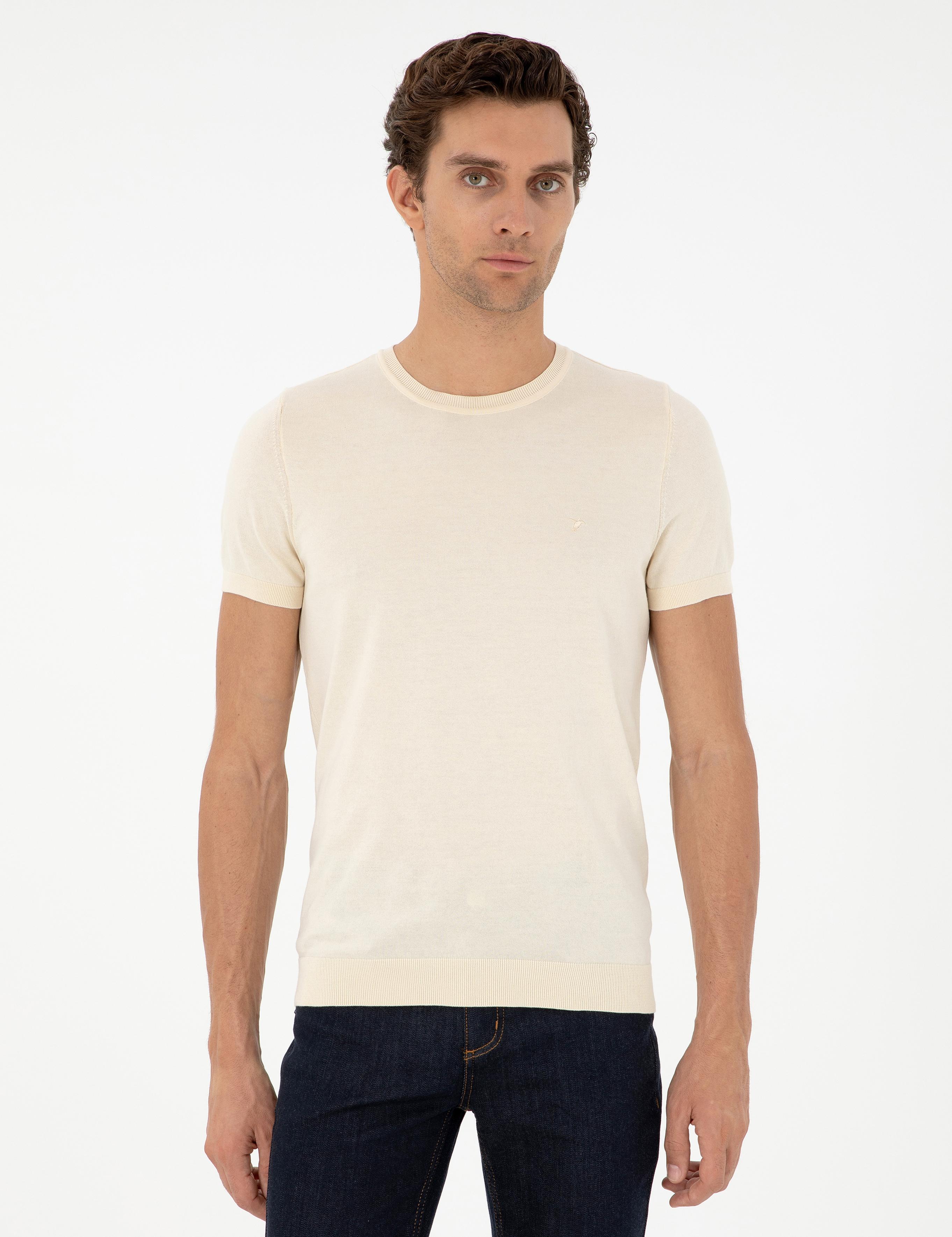 Ekru Slim Fit Bisiklet Yaka %100 Pamuk Triko T-shirt - 50303282004