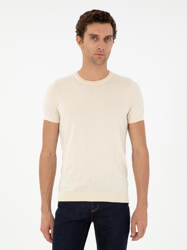 Ekru Slim Fit Bisiklet Yaka %100 Pamuk Triko T-shirt