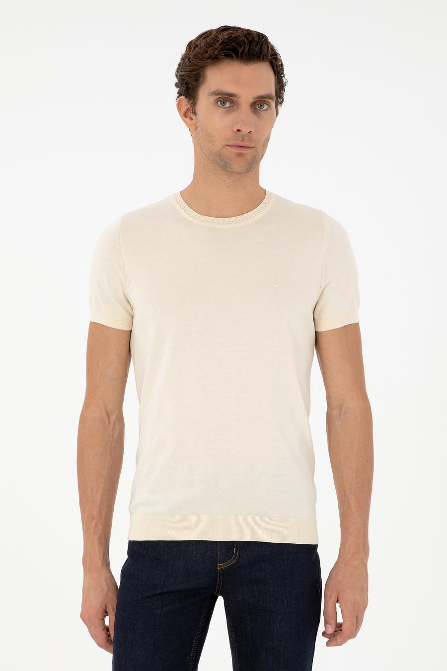 Ekru Slim Fit Bisiklet Yaka %100 Pamuk Triko T-shirt - 50303282004