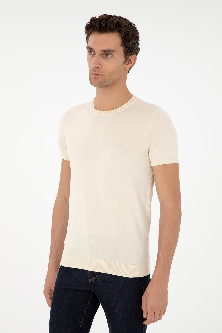 Ekru Slim Fit Bisiklet Yaka %100 Pamuk Triko T-shirt - 50303282004