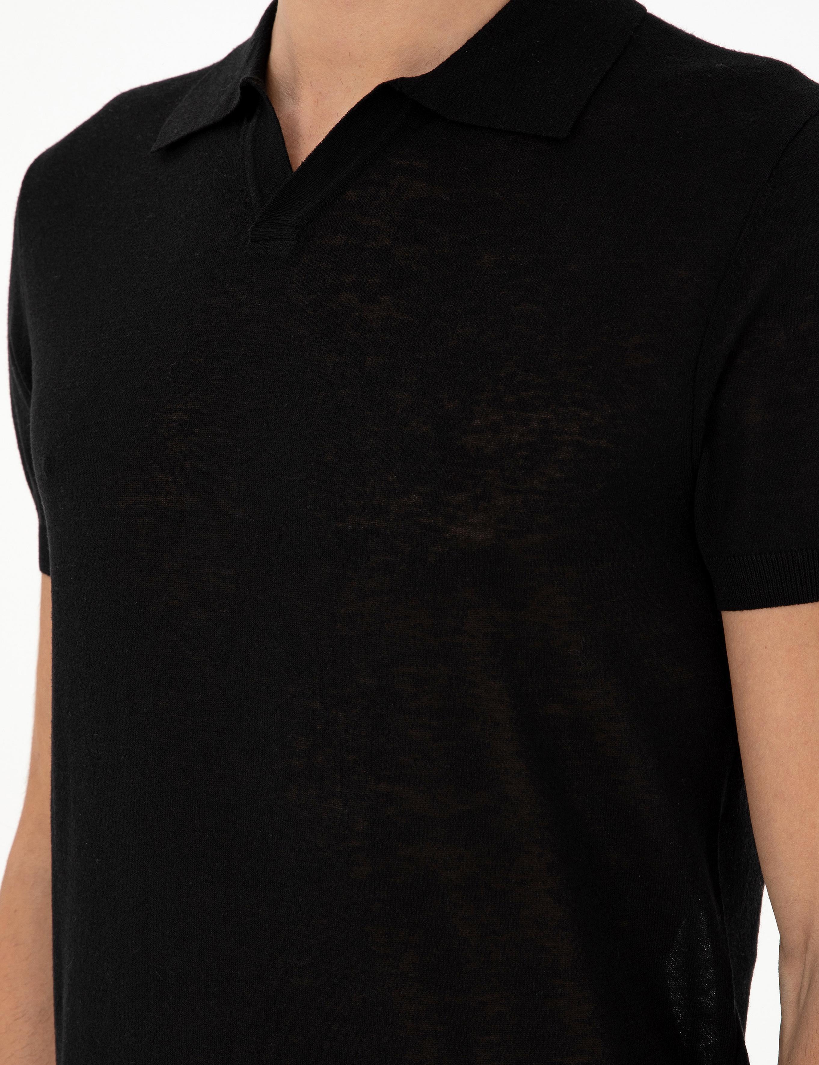 Siyah Slim Fit Keten Karışımlı Apaş Yaka Triko T-shirt - 50303284001