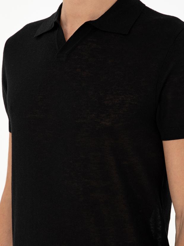 Siyah Slim Fit Keten Karışımlı Apaş Yaka Triko T-shirt