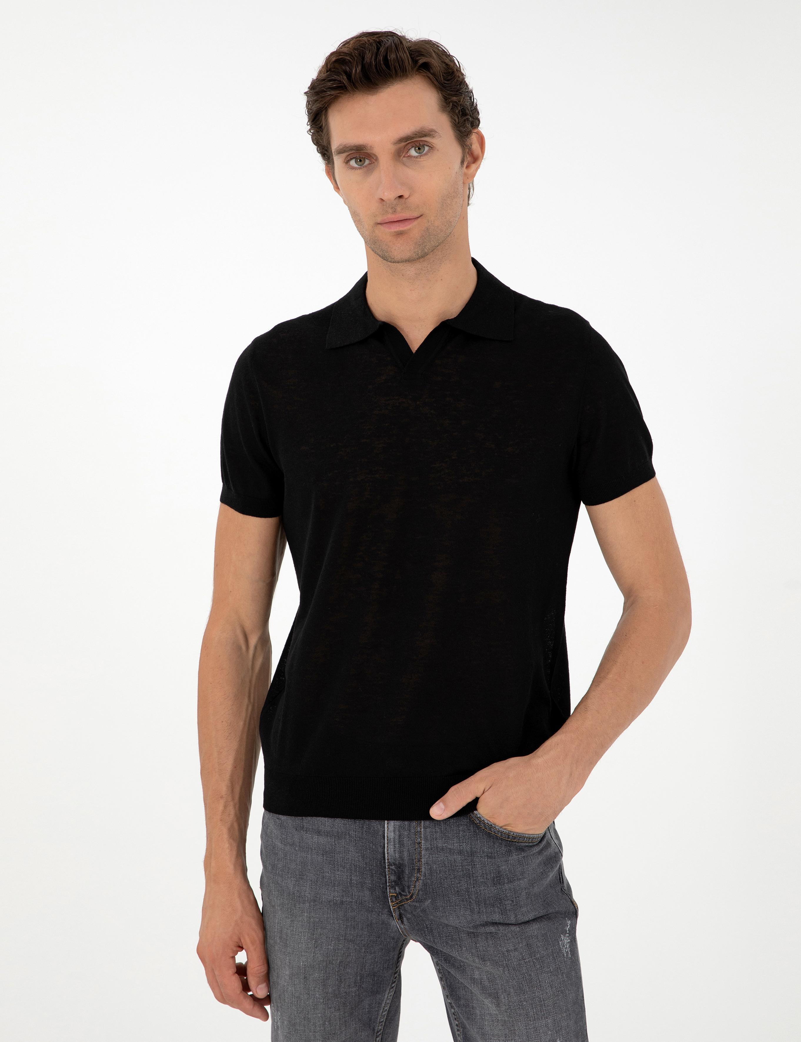 Siyah Slim Fit Keten Karışımlı Apaş Yaka Triko T-shirt - 50303284001