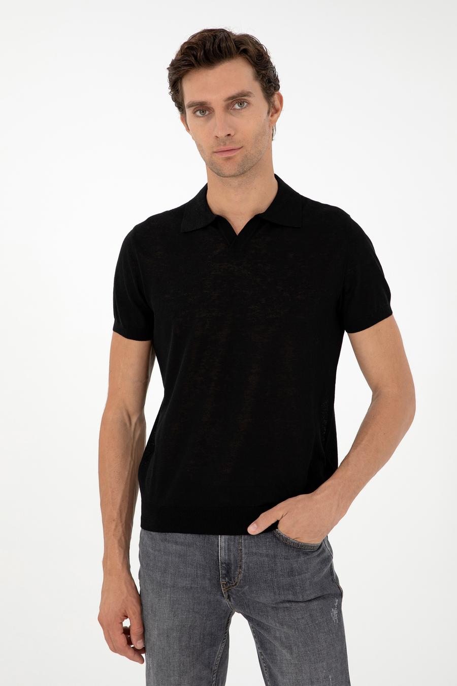 Siyah Slim Fit Keten Karışımlı Apaş Yaka Triko T-shirt - 50303284001