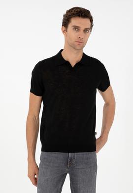 Siyah Slim Fit Keten Karışımlı Apaş Yaka Triko T-shirt