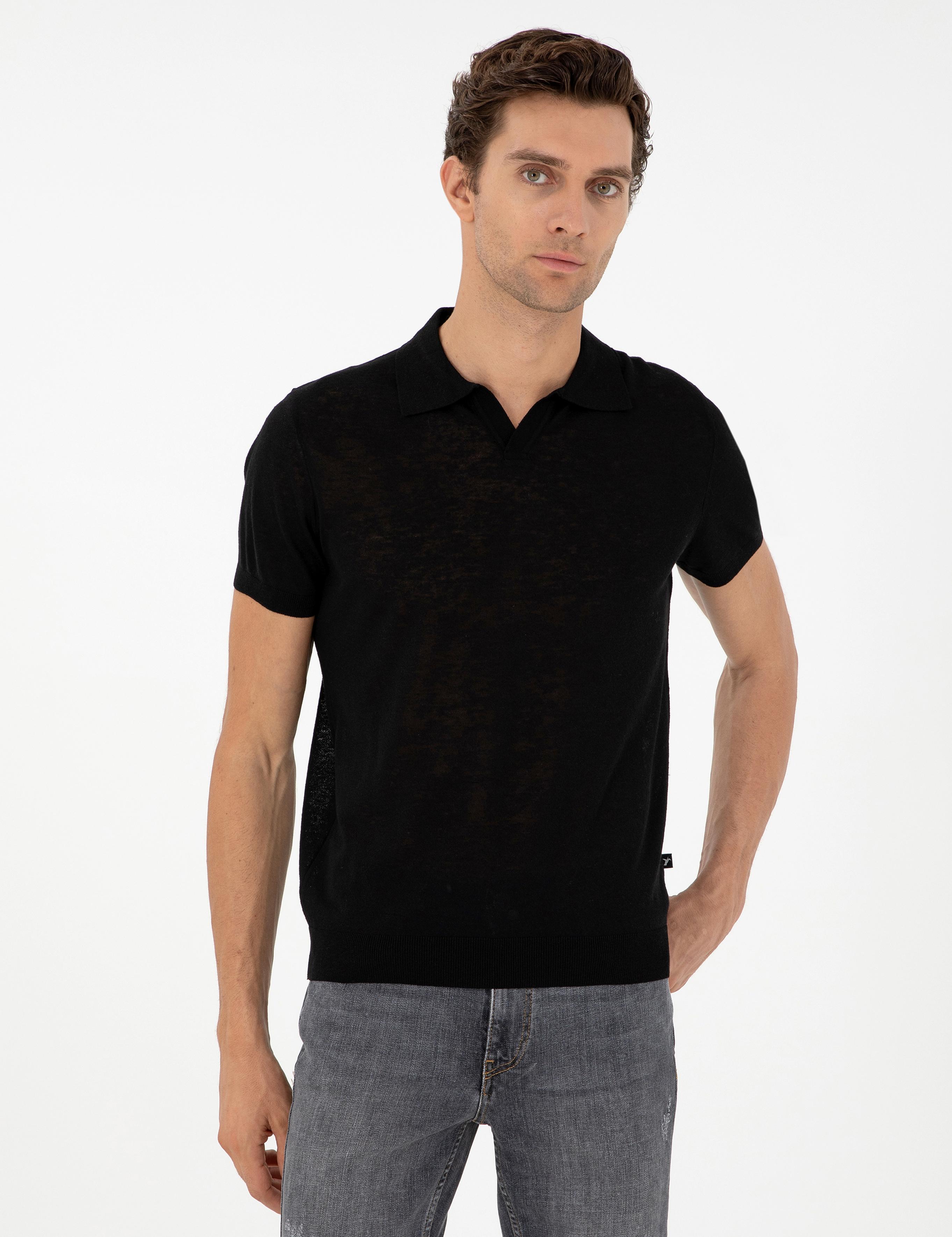 Siyah Slim Fit Keten Karışımlı Apaş Yaka Triko T-shirt - 50303284001