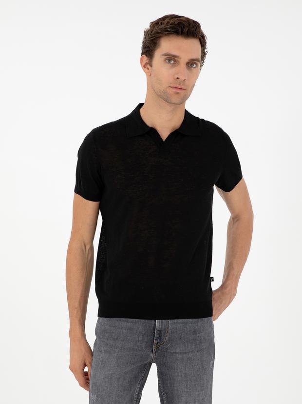 Siyah Slim Fit Keten Karışımlı Apaş Yaka Triko T-shirt