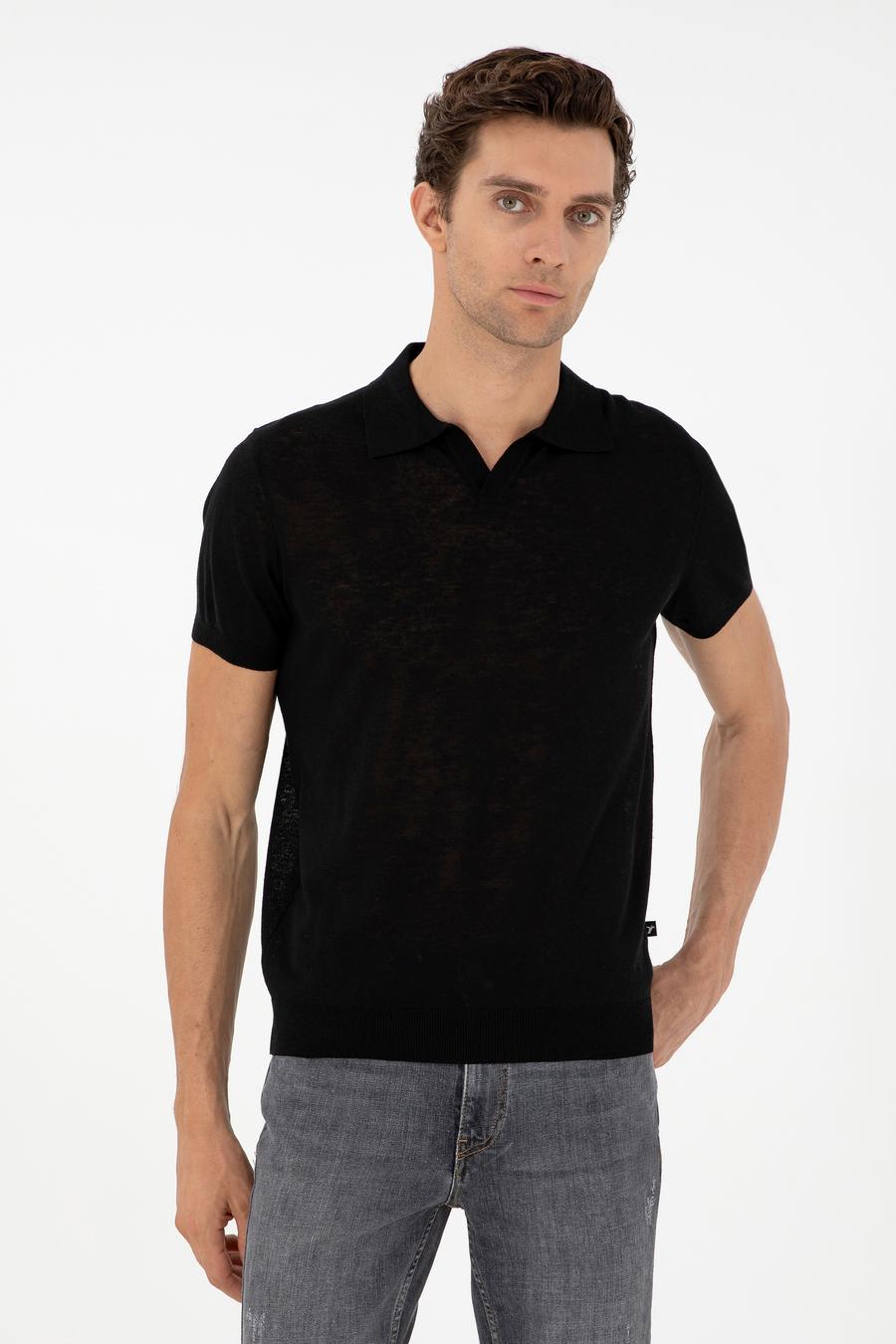 Siyah Slim Fit Keten Karışımlı Apaş Yaka Triko T-shirt - 50303284001