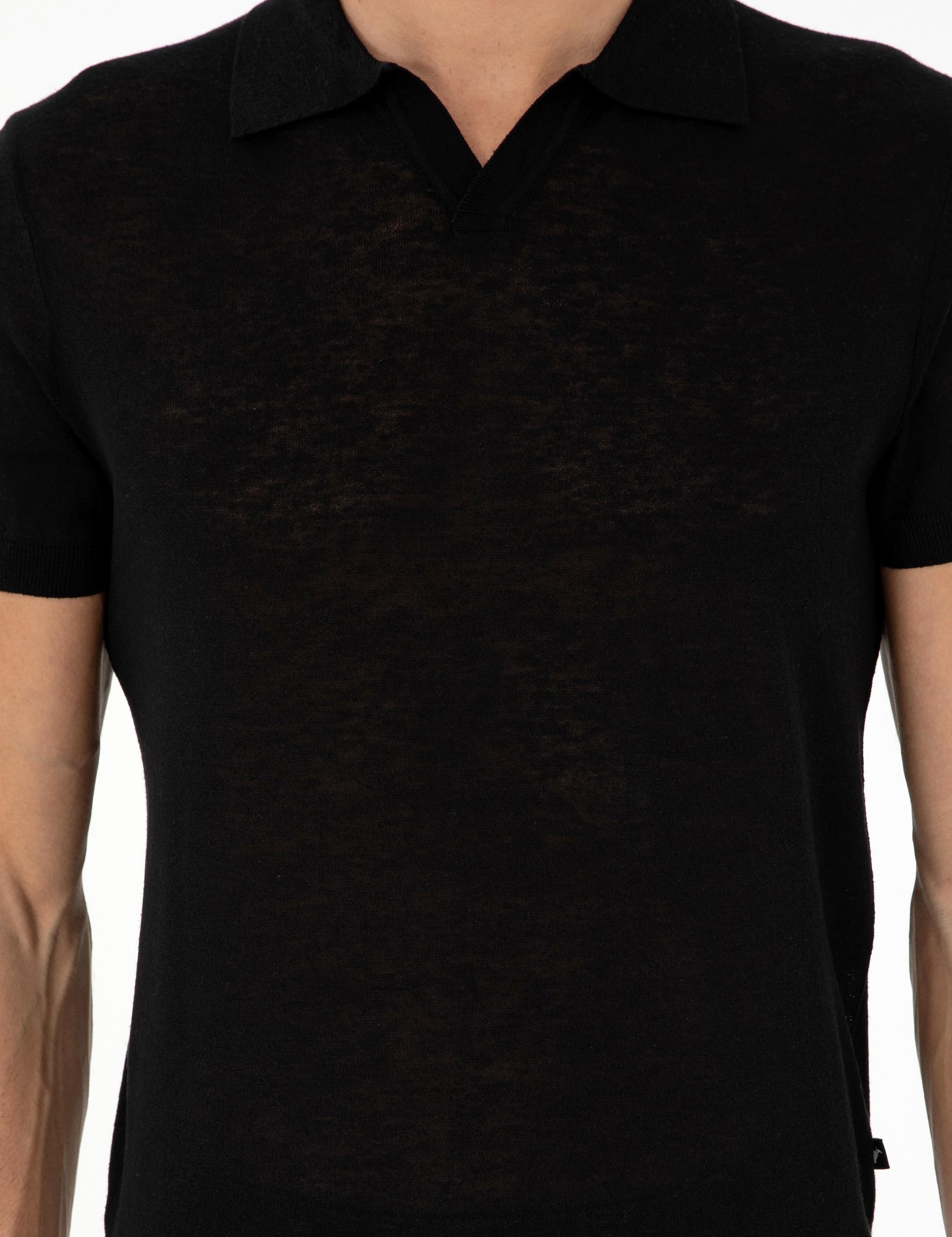 Siyah Slim Fit Keten Karışımlı Apaş Yaka Triko T-shirt - 50303284001