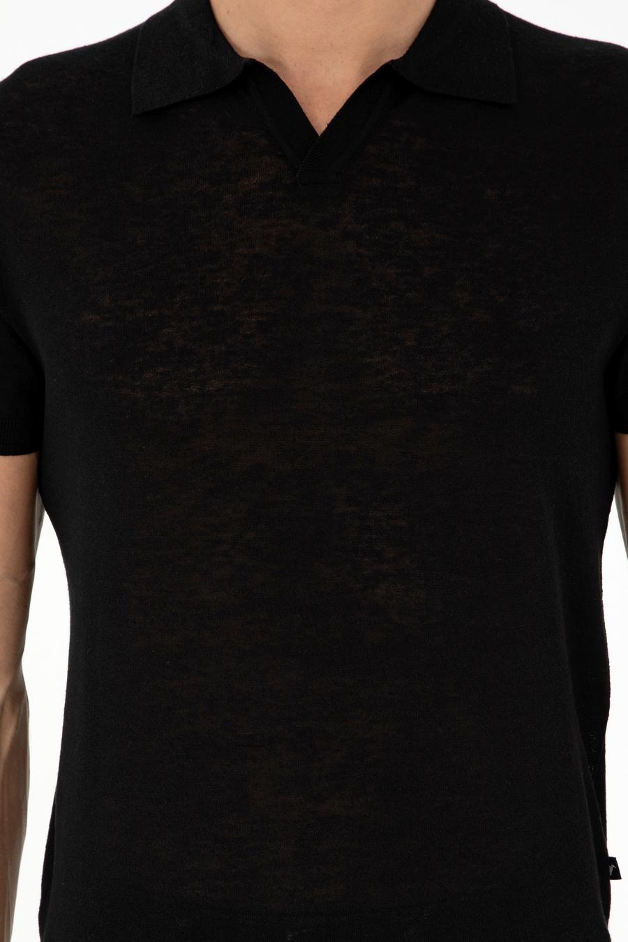 Siyah Slim Fit Keten Karışımlı Apaş Yaka Triko T-shirt - 50303284001