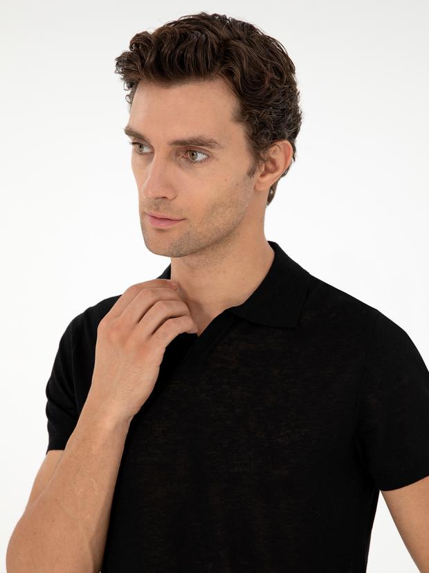 Siyah Slim Fit Keten Karışımlı Apaş Yaka Triko T-shirt