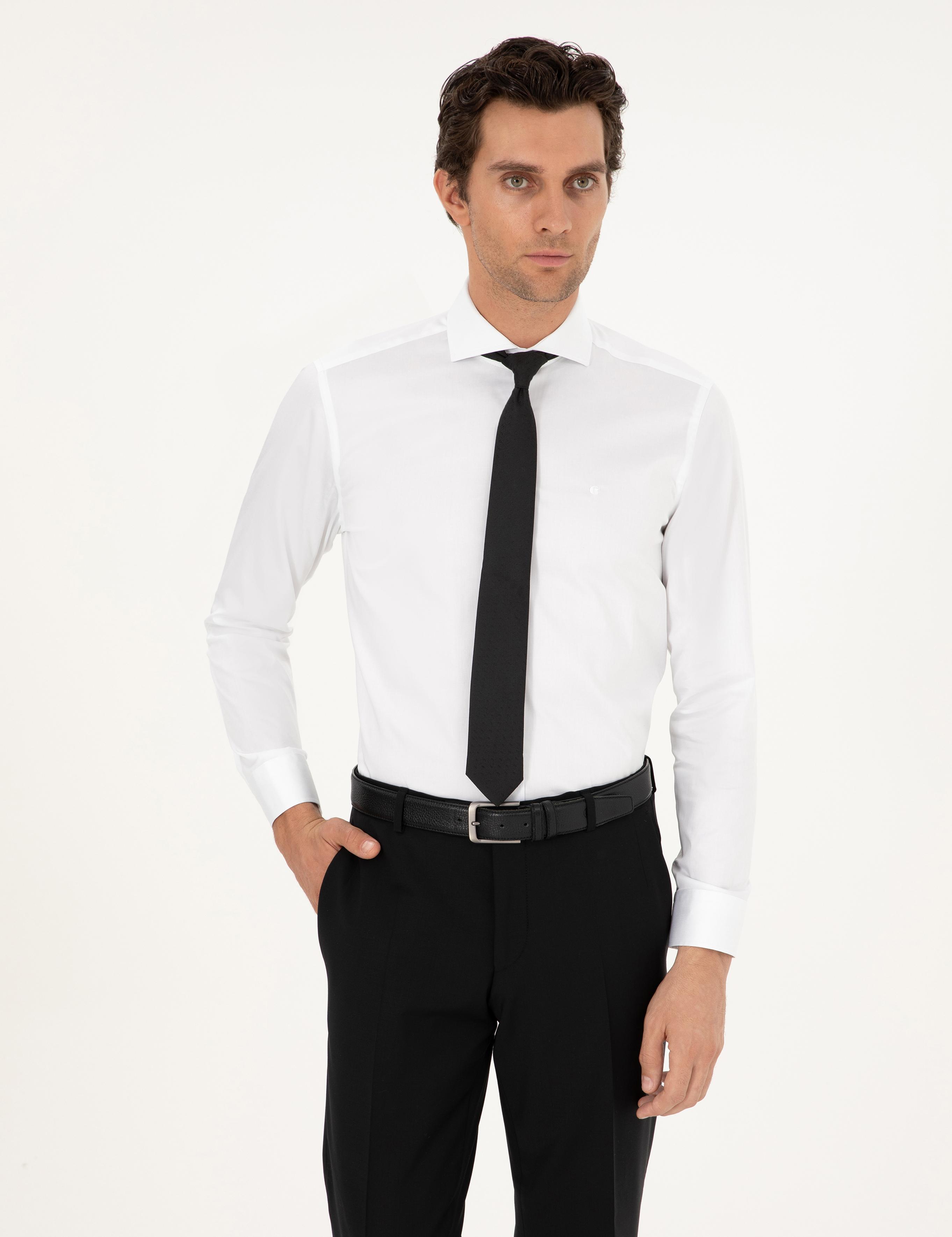 Beyaz Slim Fit %100 Pamuk İtalyan Yaka Klasik Gömlek - 50268927006