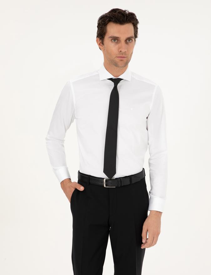 Beyaz Slim Fit %100 Pamuk İtalyan Yaka Klasik Gömlek