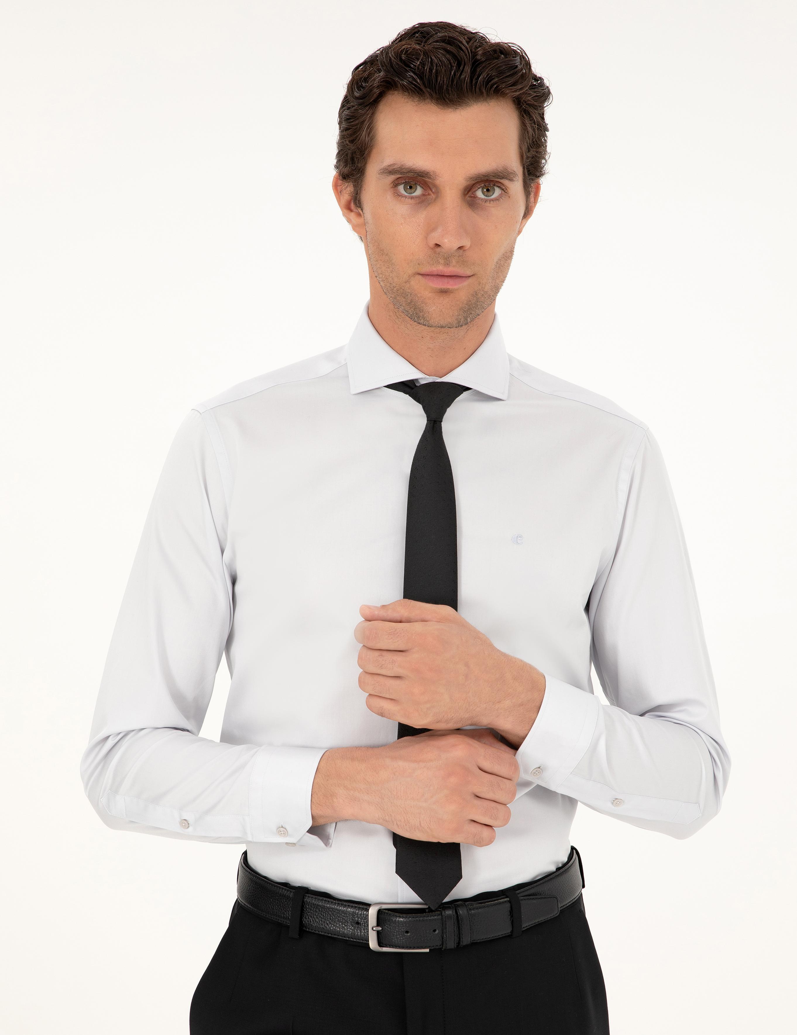 Açık Gri Slim Fit İtalyan Yaka Klasik Gömlek - 50268927108