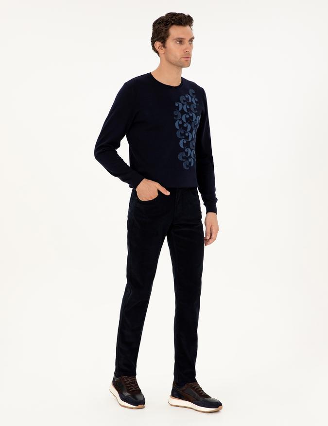 Lacivert Straight Fit Pamuk Karışımlı Kadife Kanvas Pantolon
