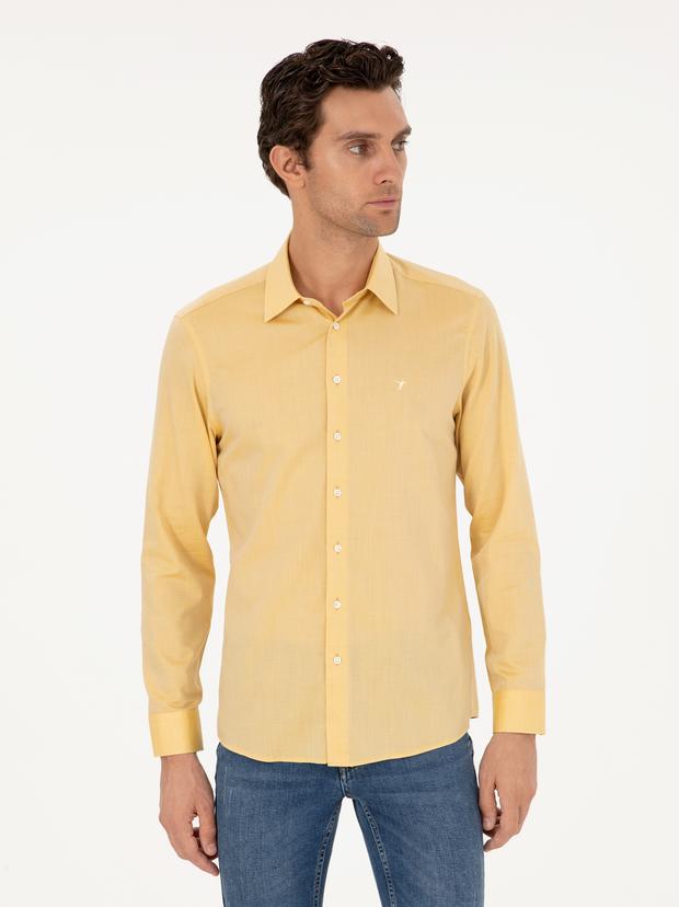 Sarı Slim Fit Kaşmir Karışımlı Oxford Gömlek
