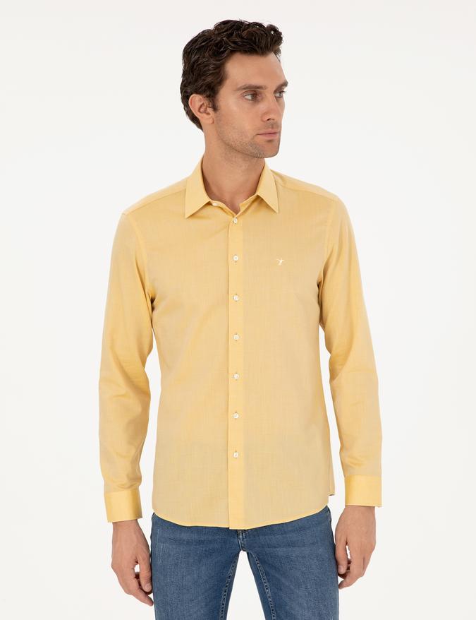 Sarı Slim Fit Kaşmir Karışımlı Oxford Gömlek