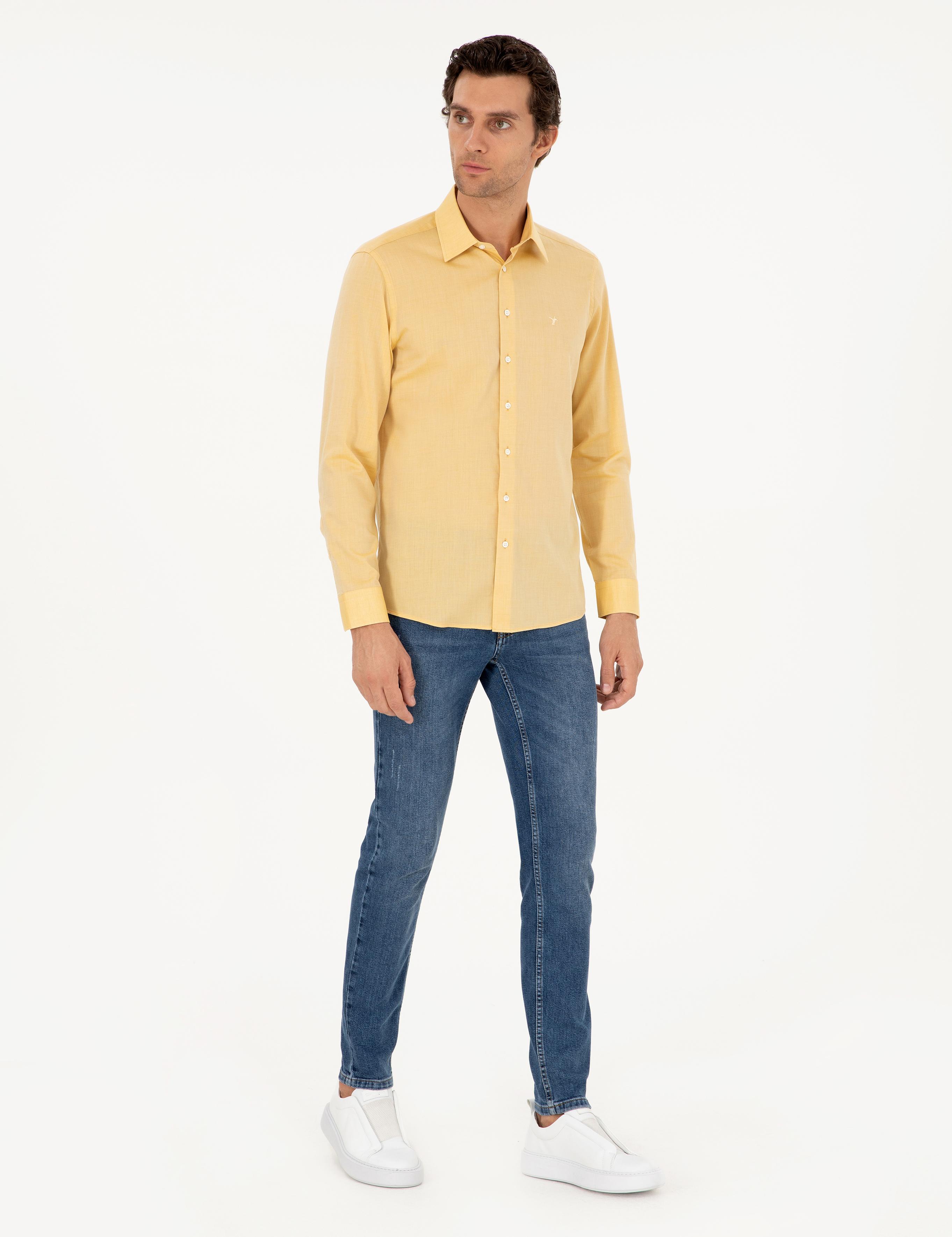 Sarı Slim Fit Kaşmir Karışımlı Oxford Gömlek - 50291353082