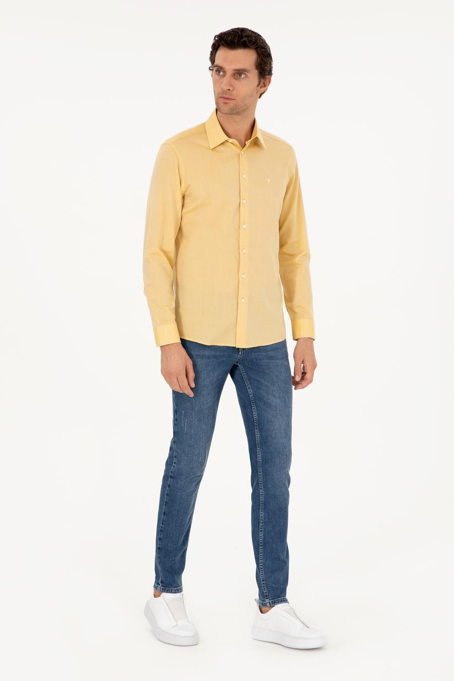 Sarı Slim Fit Kaşmir Karışımlı Oxford Gömlek - 50291353082