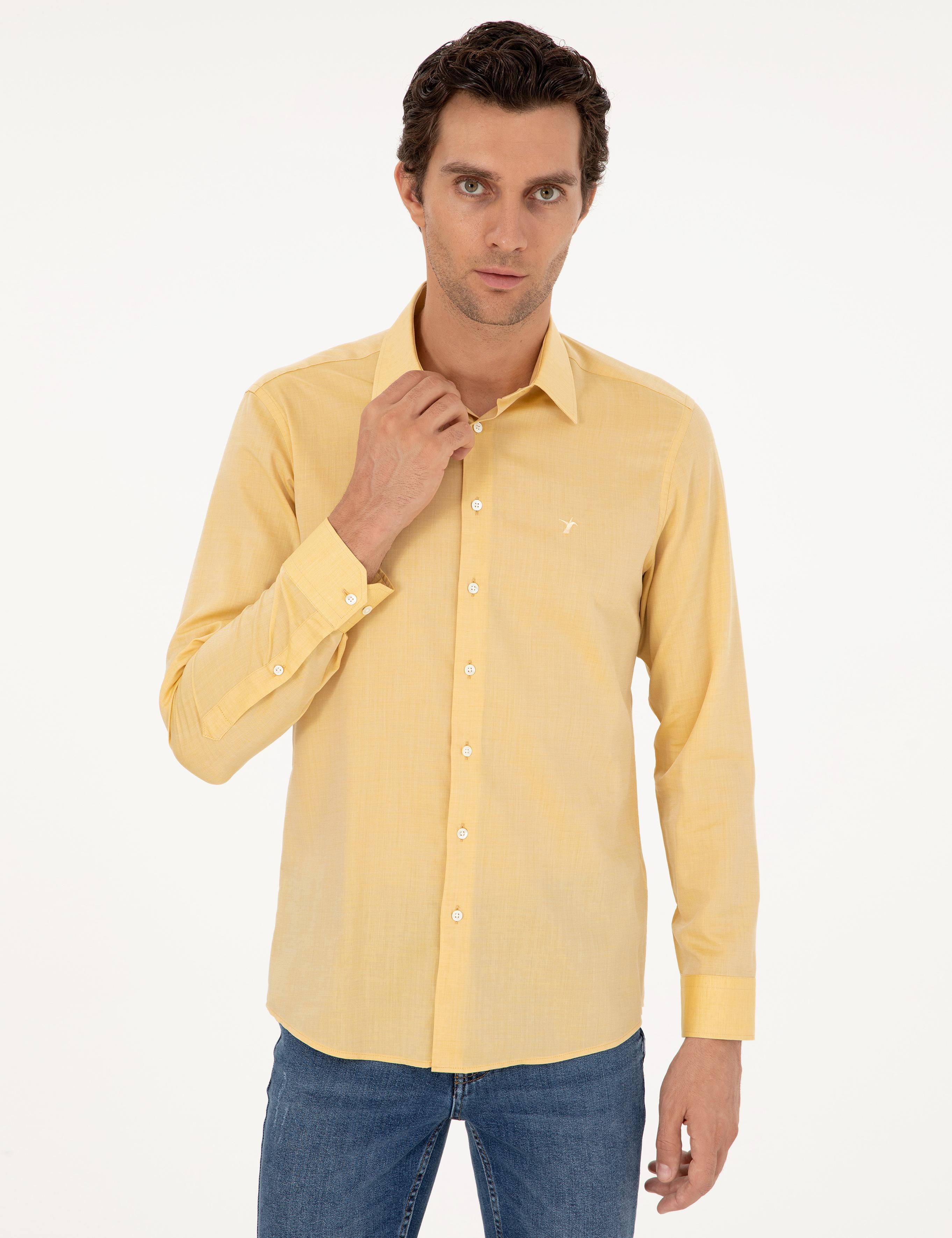 Sarı Slim Fit Kaşmir Karışımlı Oxford Gömlek - 50291353082