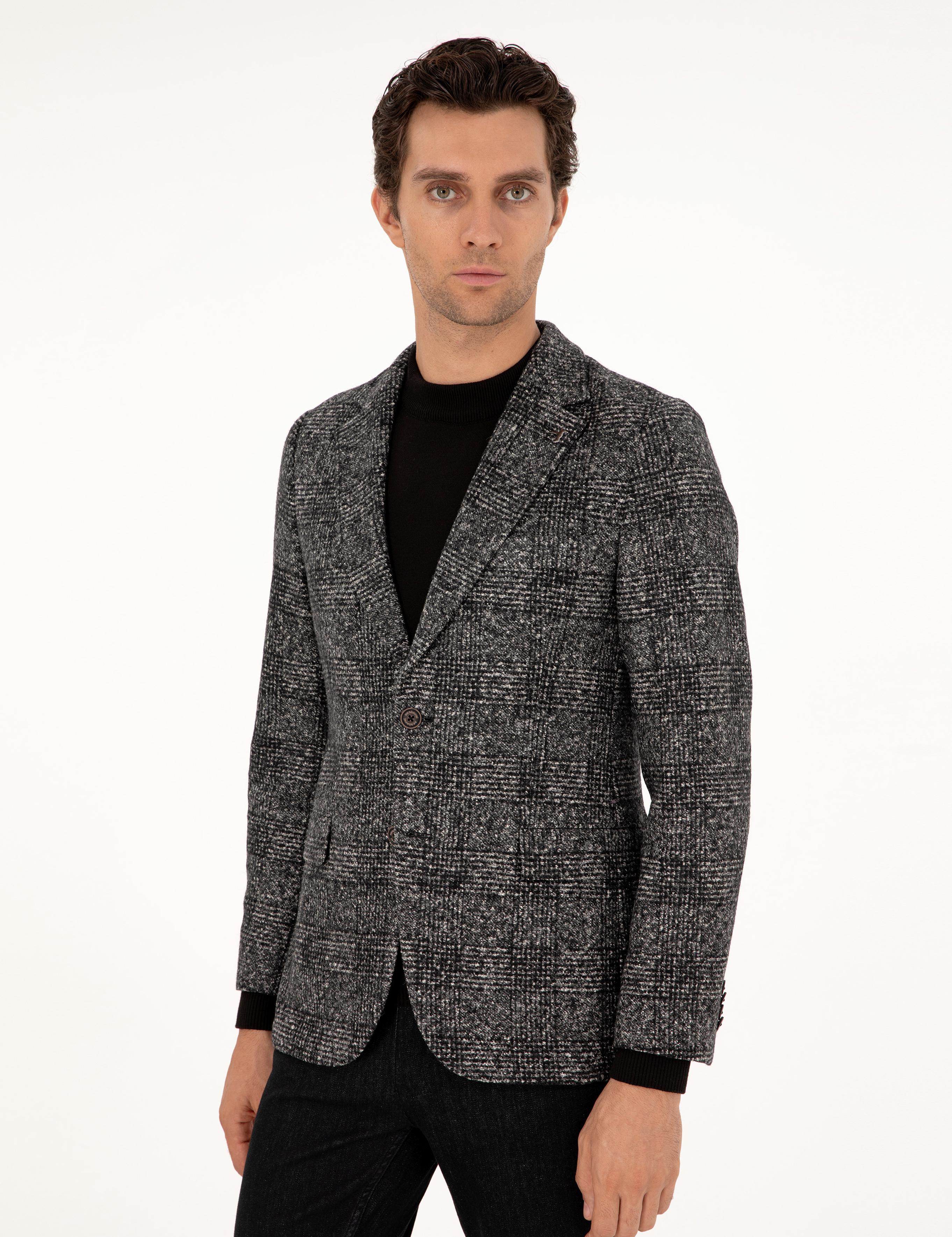 Siyah Slim Fit Yün İpek Karışımlı Flanel Ekose Ceket - 50290523050