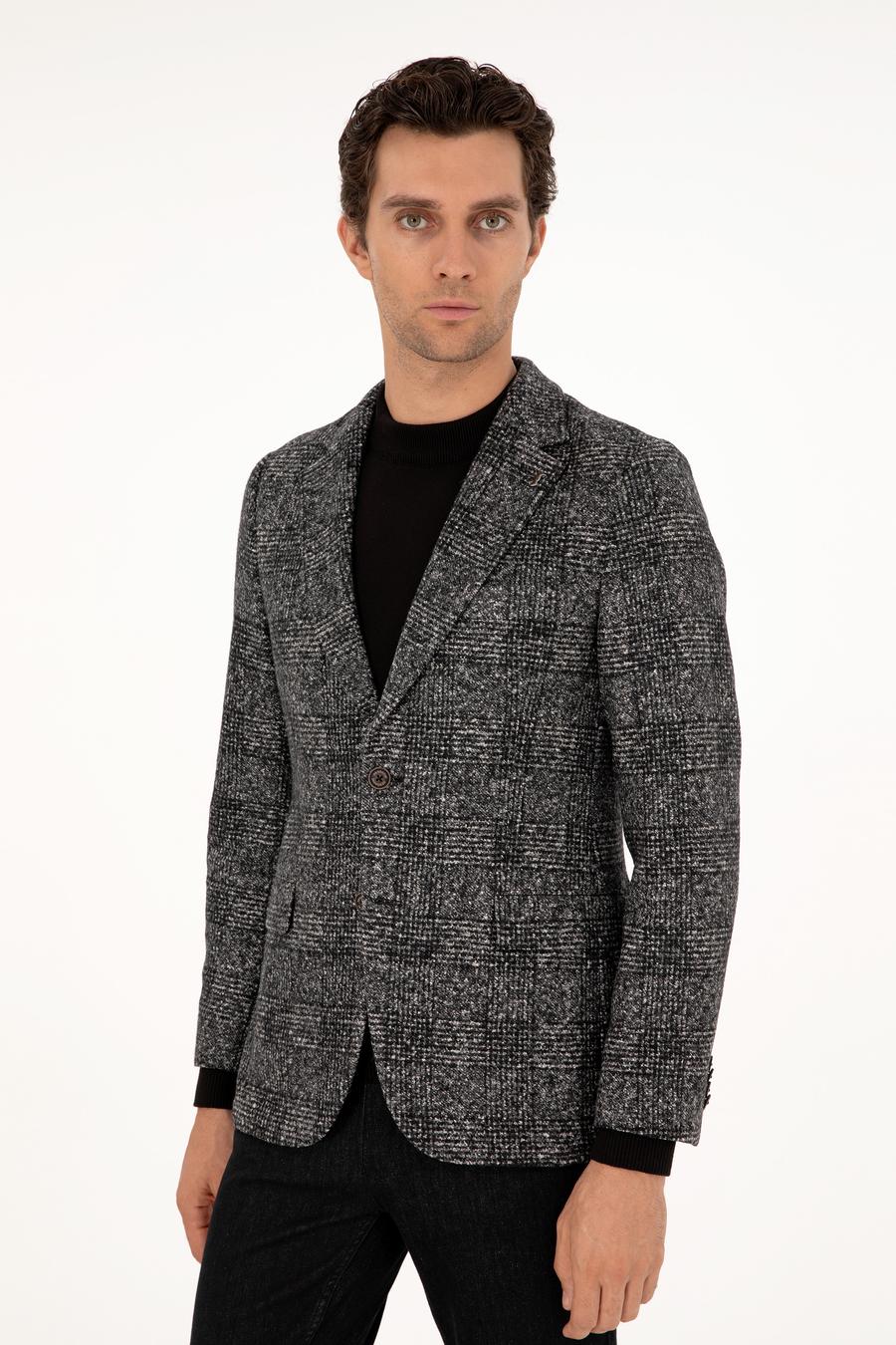 Siyah Slim Fit Yün İpek Karışımlı Flanel Ekose Ceket - 50290523050