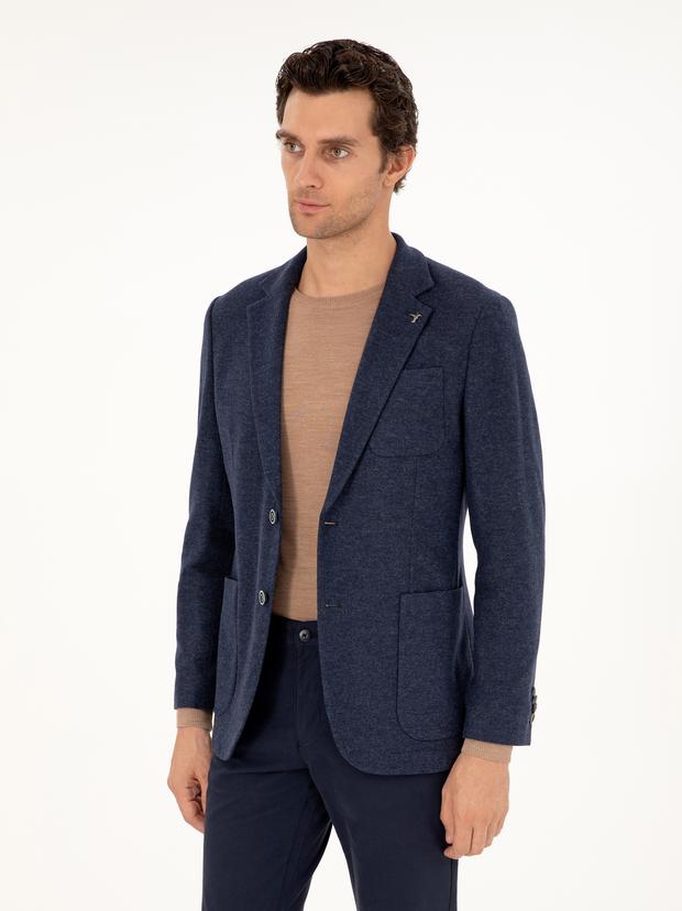 Lacivert Slim Fit Kaşmir Karışımlı Ceket