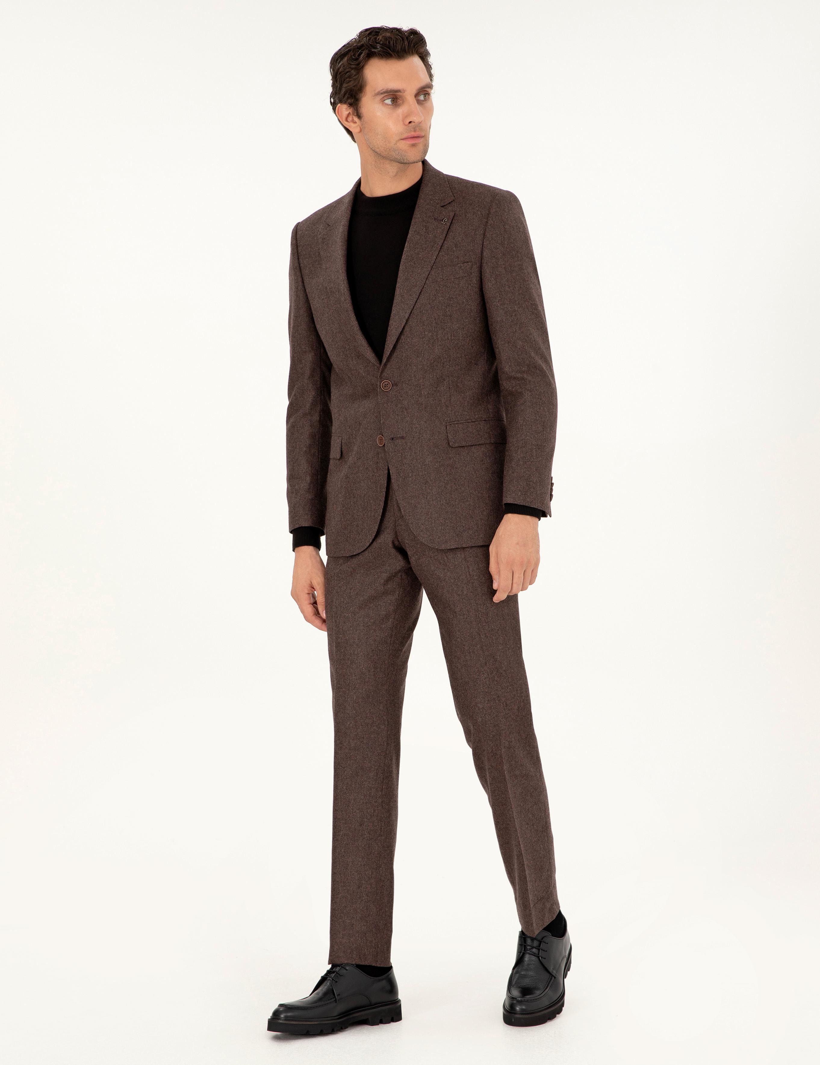 Kahverengi Slim Fit Yün Karışımlı Takım Elbise - 50291028059