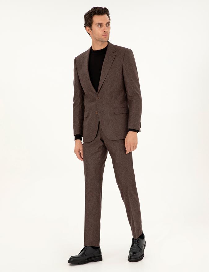Kahverengi Slim Fit Yün Karışımlı Takım Elbise