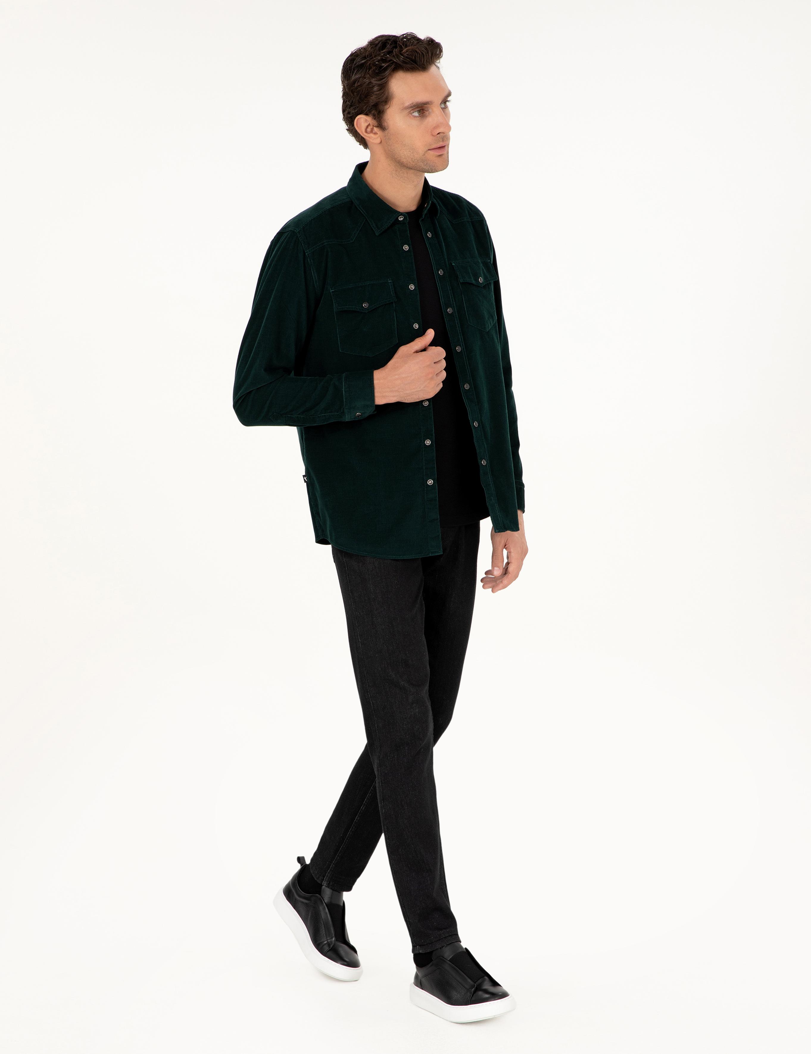 Koyu Yeşil Regular Fit Kadife Gömlek - 50291369034