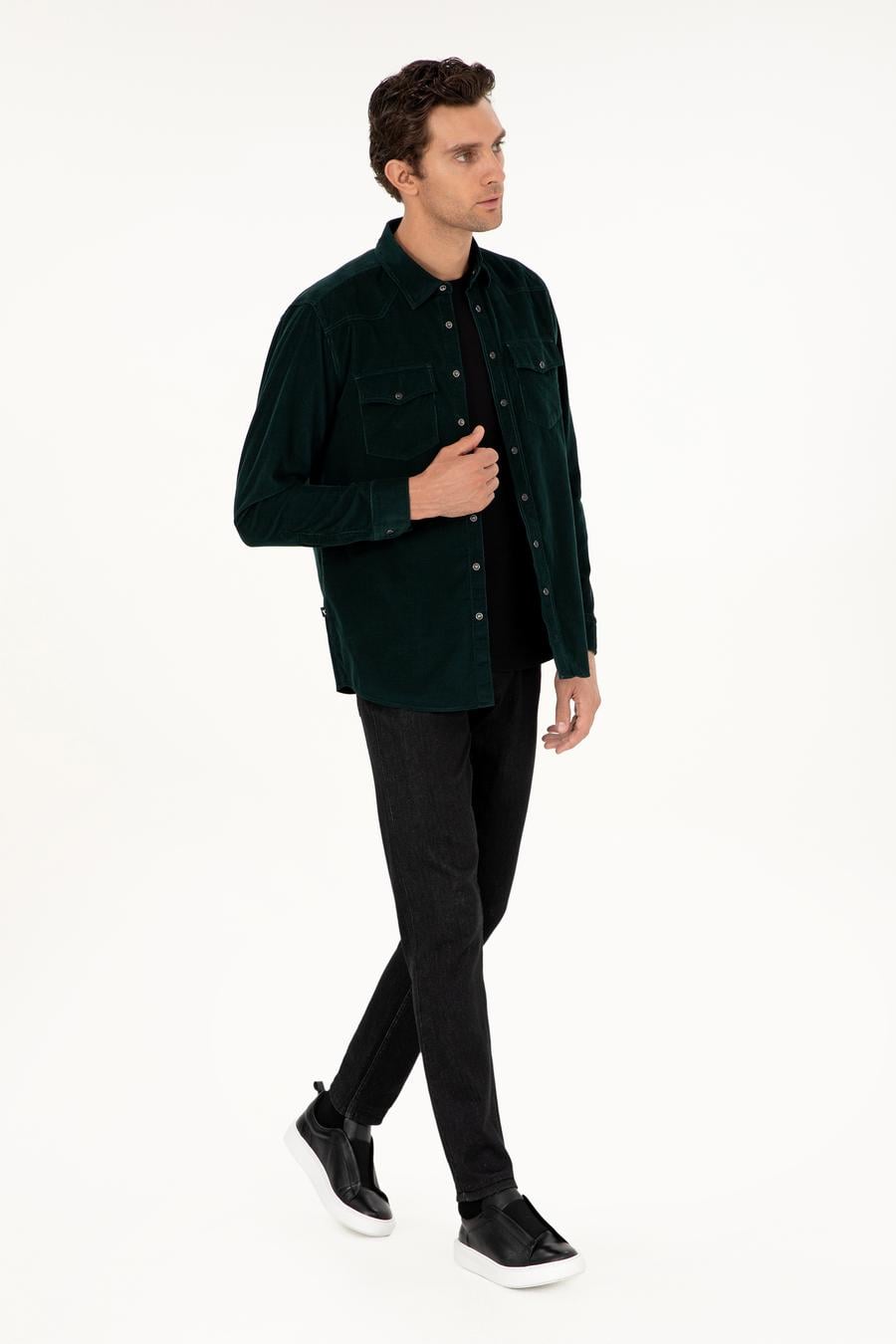 Koyu Yeşil Regular Fit Kadife Gömlek - 50291369034