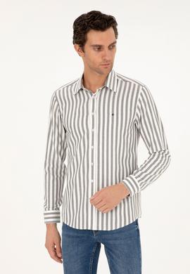 Gri Slim Fit Çizgili Pamuk Gömlek
