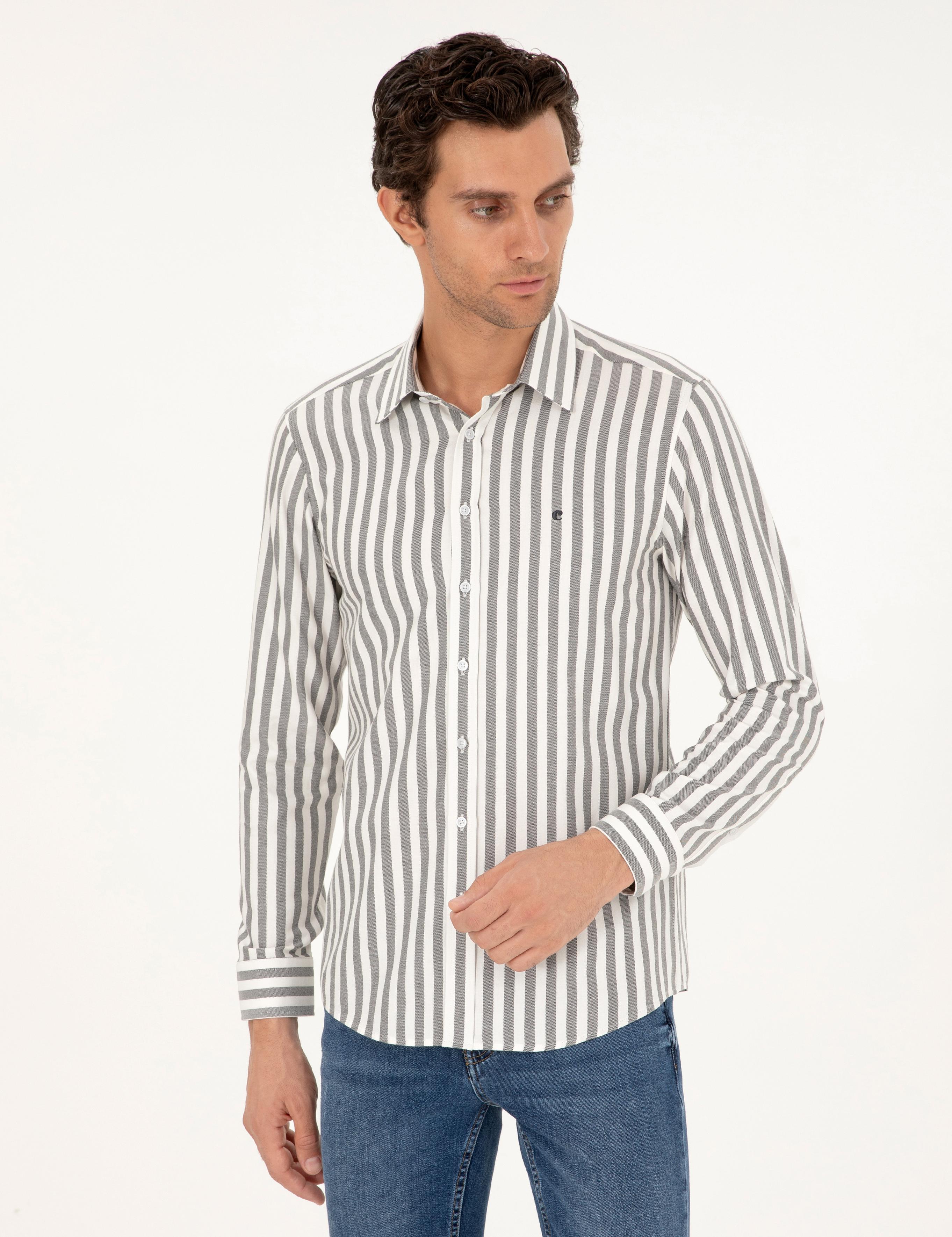 Gri Slim Fit Çizgili Pamuk Gömlek - 50291351059