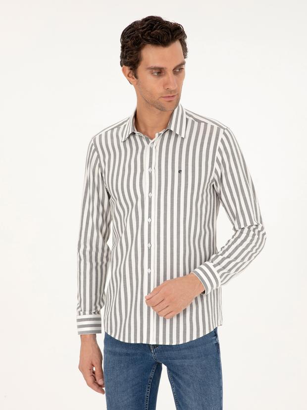 Gri Slim Fit Çizgili Pamuk Gömlek