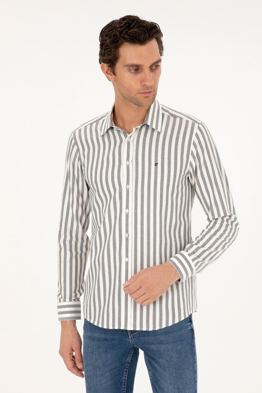 Gri Slim Fit Çizgili Pamuk Gömlek - 50291351059