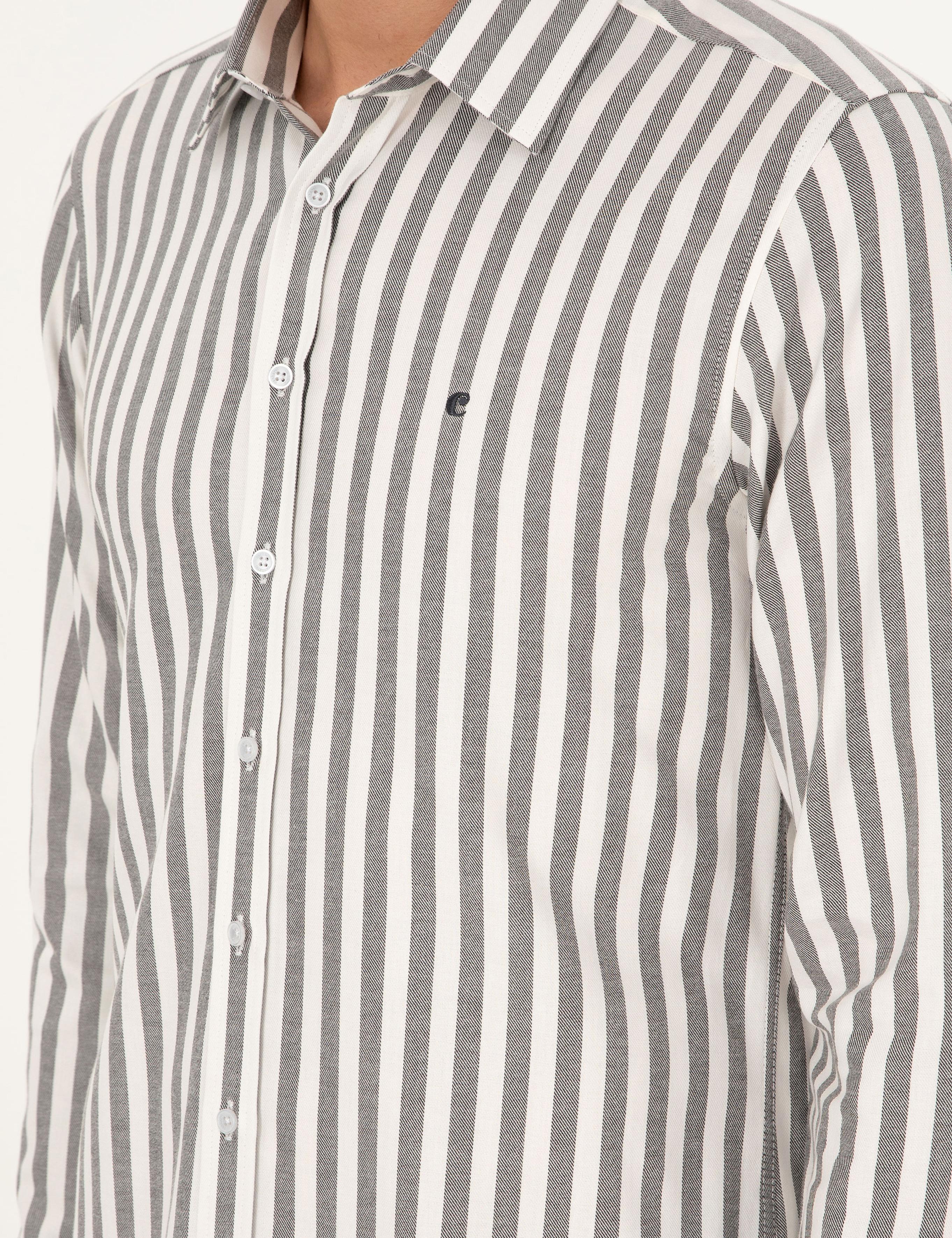 Gri Slim Fit Çizgili Pamuk Gömlek - 50291351059