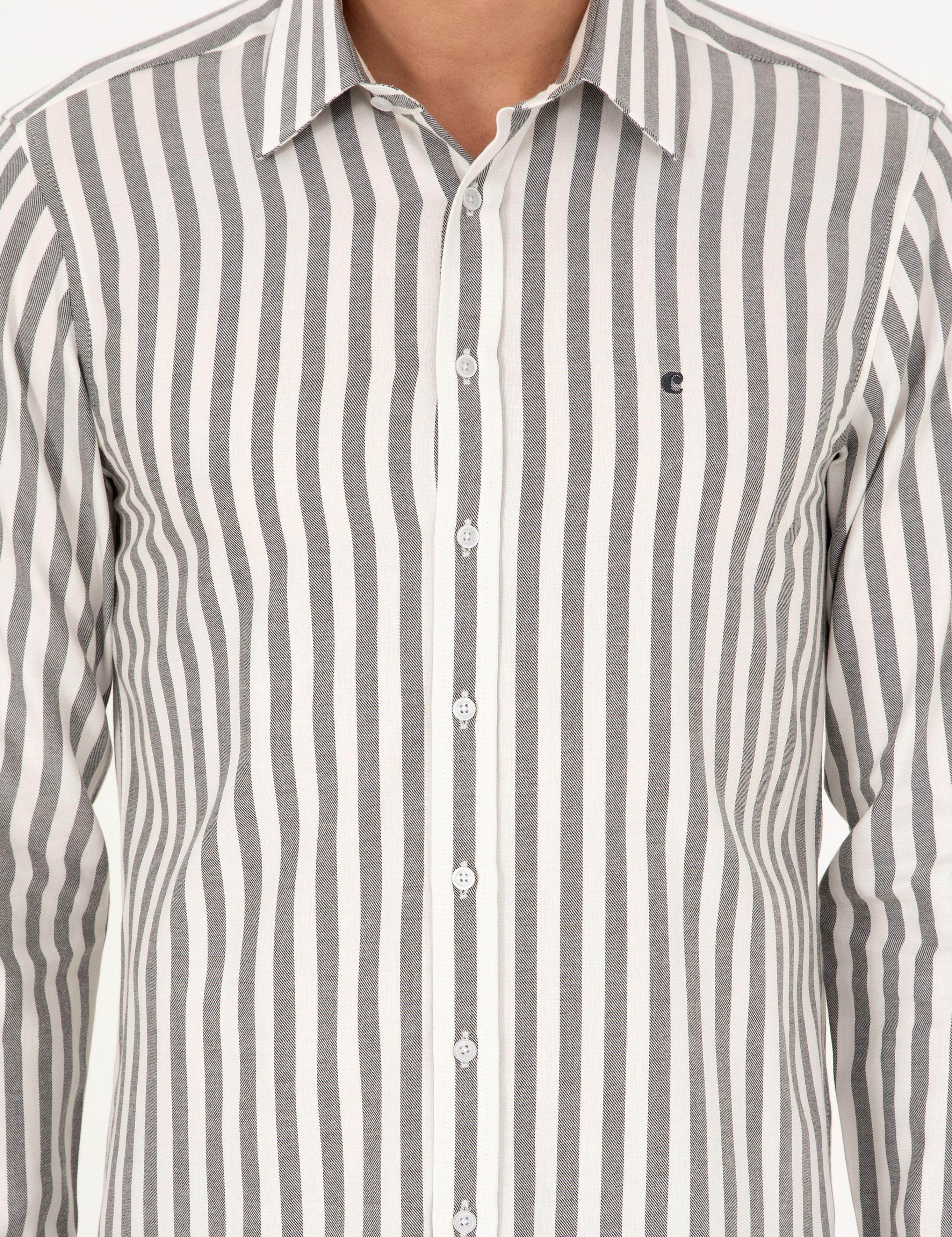 Gri Slim Fit Çizgili Pamuk Gömlek - 50291351059