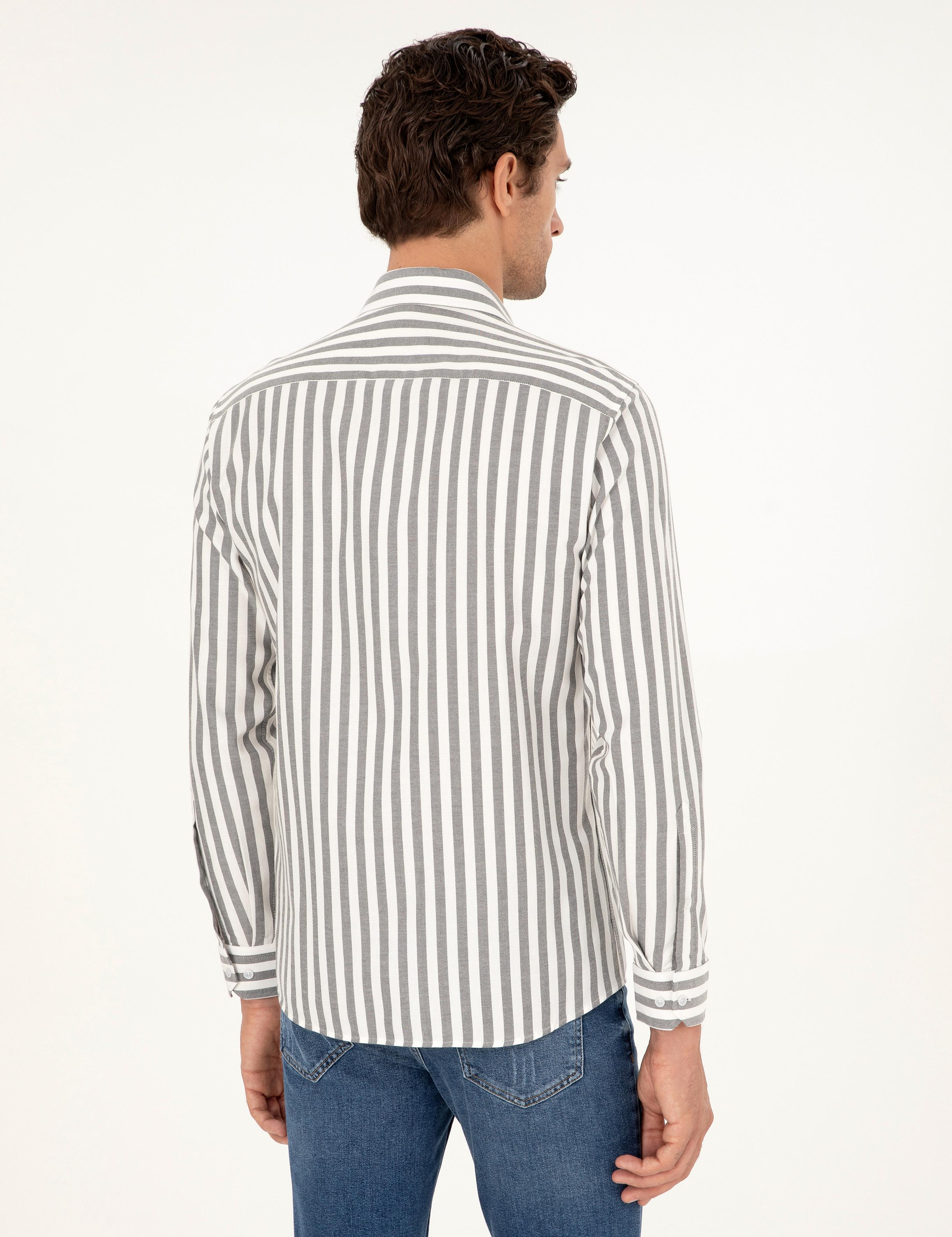 Gri Slim Fit Çizgili Pamuk Gömlek - 50291351059