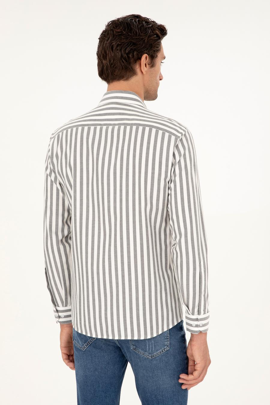 Gri Slim Fit Çizgili Pamuk Gömlek - 50291351059
