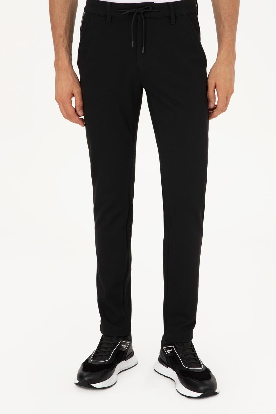 Siyah Slim Fit Beli Bağcıklı Kanvas Pantolon - 50292330005