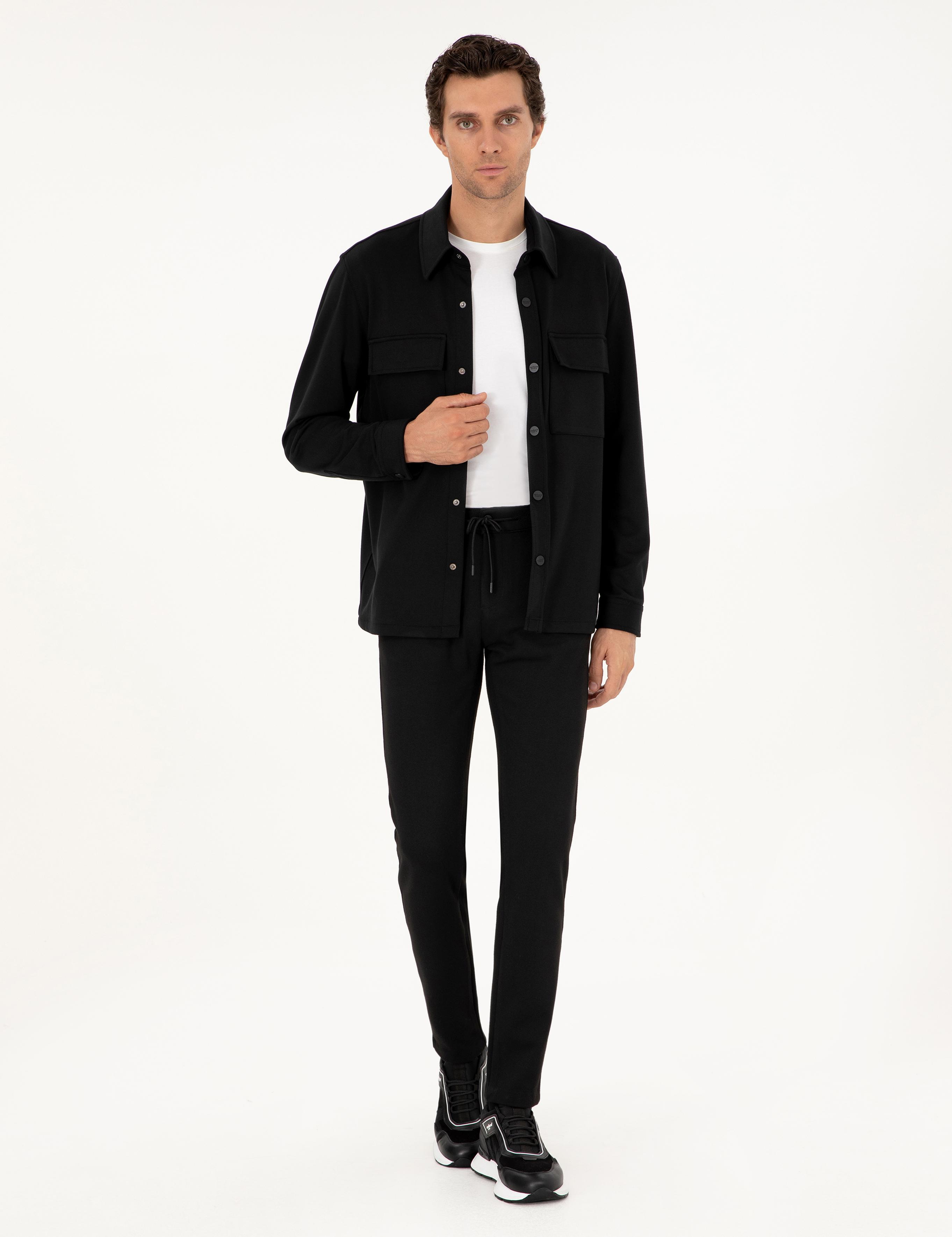 Siyah Slim Fit Beli Bağcıklı Kanvas Pantolon - 50292330005
