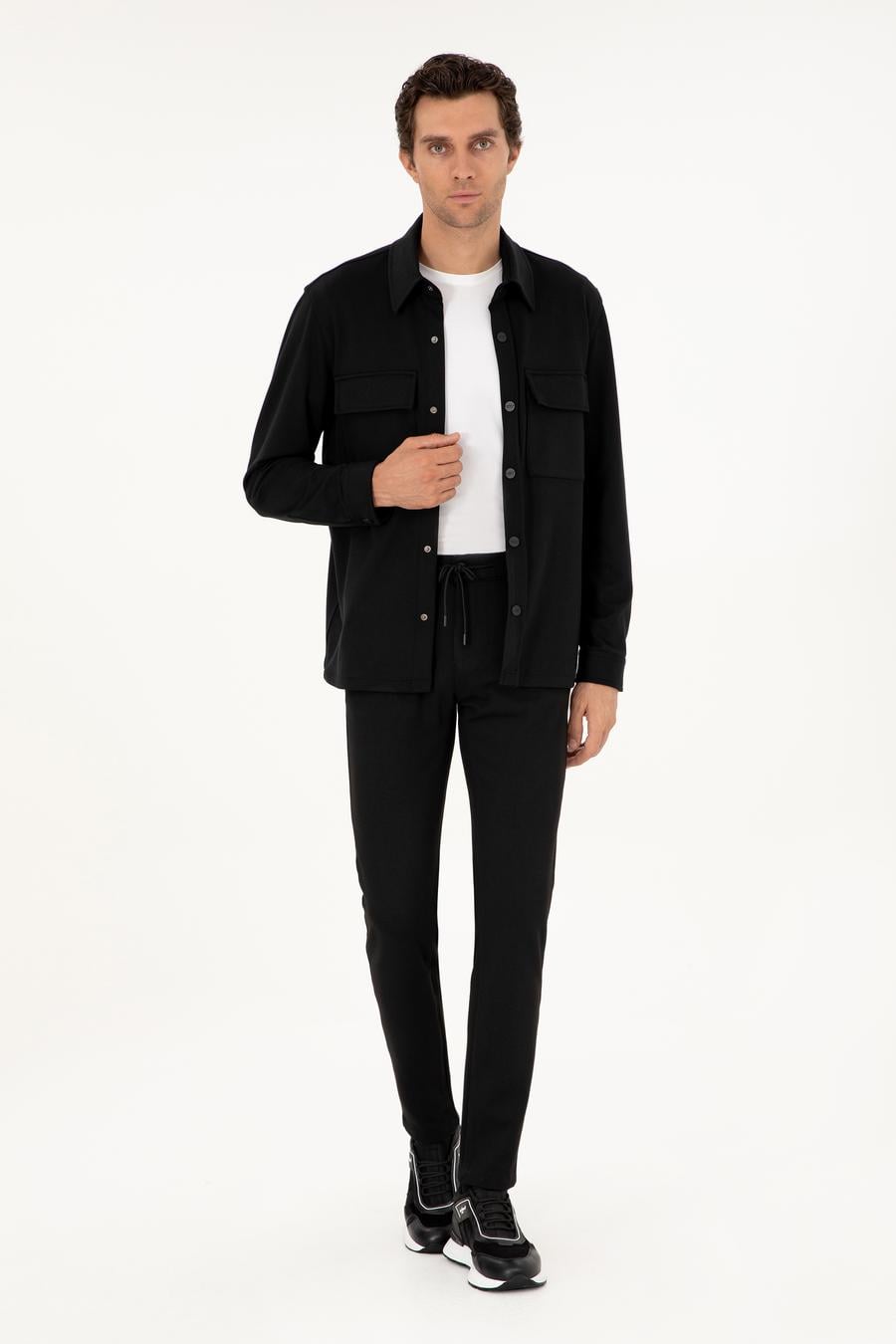 Siyah Slim Fit Beli Bağcıklı Kanvas Pantolon - 50292330005