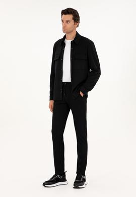 Siyah Slim Fit Beli Bağcıklı Kanvas Pantolon