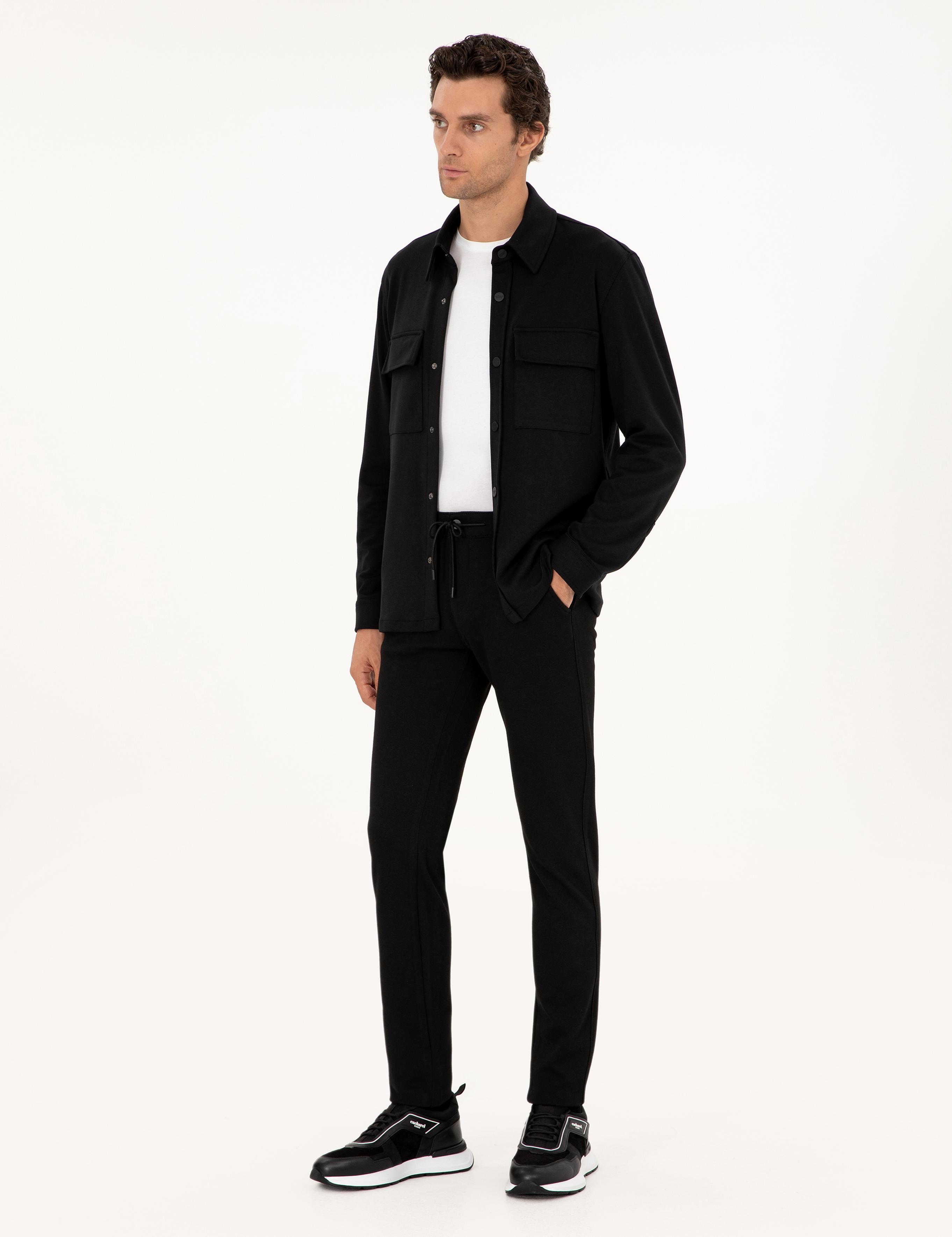 Siyah Slim Fit Beli Bağcıklı Kanvas Pantolon - 50292330005